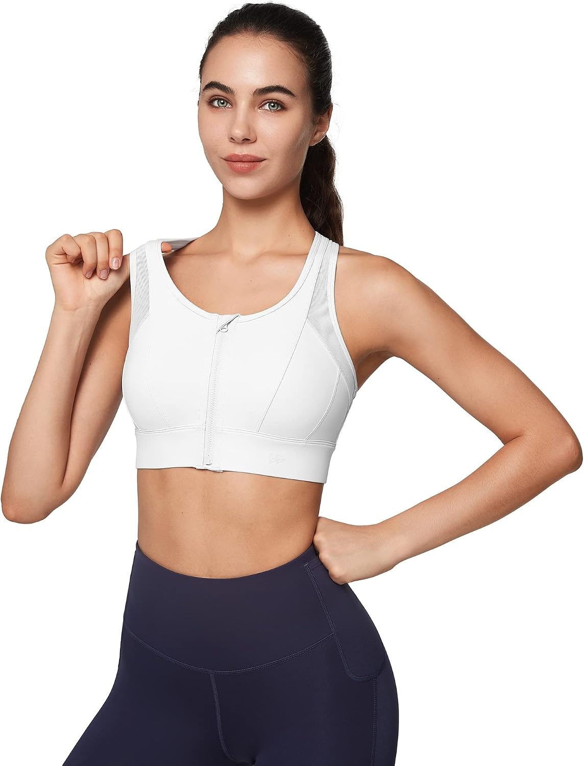 Yvette High Impact Zip Front Sports Bra for Women | Supportive, Breathable Mesh Racerback, Nonremovable Cups, Wireless, Easy on and off, Running(White)