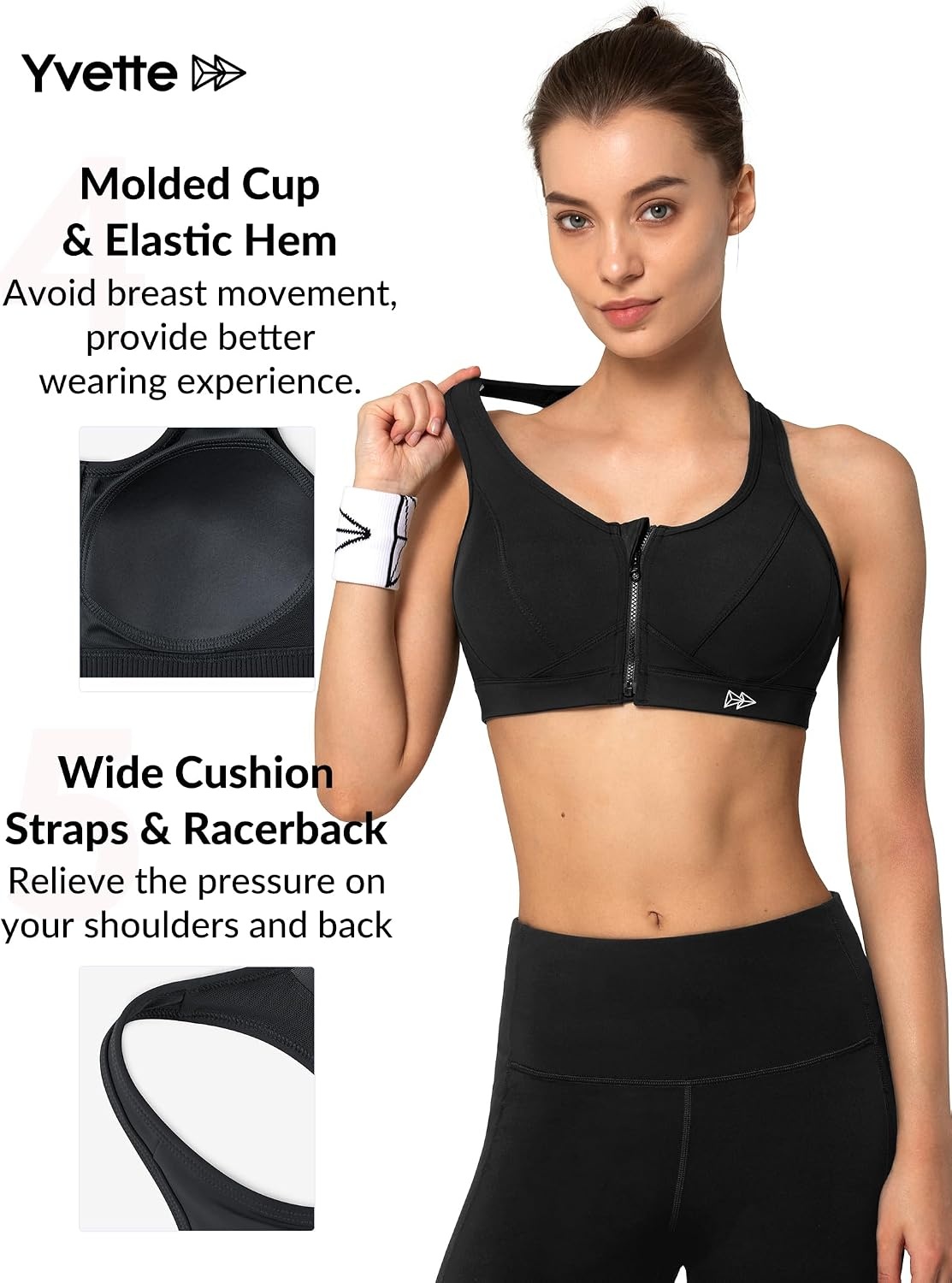 Yvette Zip Front Sports Bra High Impact Running | Secure Locking Zipper,Fixed Non-Slip Pads,Breathable,Wireless Comfort,Full Coverage,Plus Size Friendly,Gym Workout,Fitness(Black)
