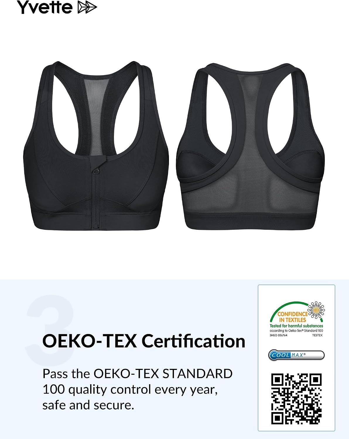 Yvette Zip Front Sports Bra High Impact Running | Secure Locking Zipper,Fixed Non-Slip Pads,Breathable,Wireless Comfort,Full Coverage,Plus Size Friendly,Gym Workout,Fitness(Black)