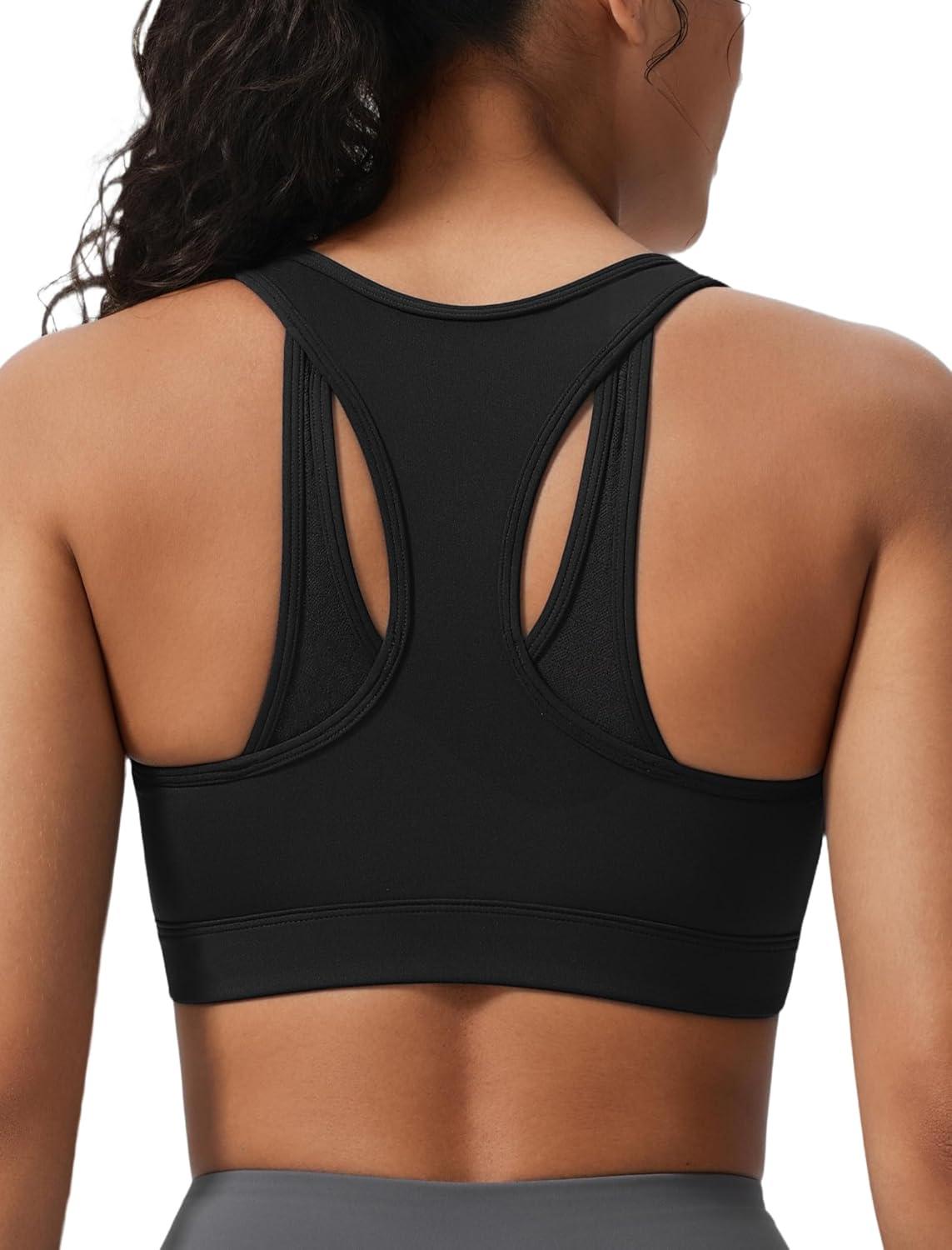 Yvette Zip Front High Impact Sports Bras for Women Lace Mesh Supportive Bras for Workout(Black)