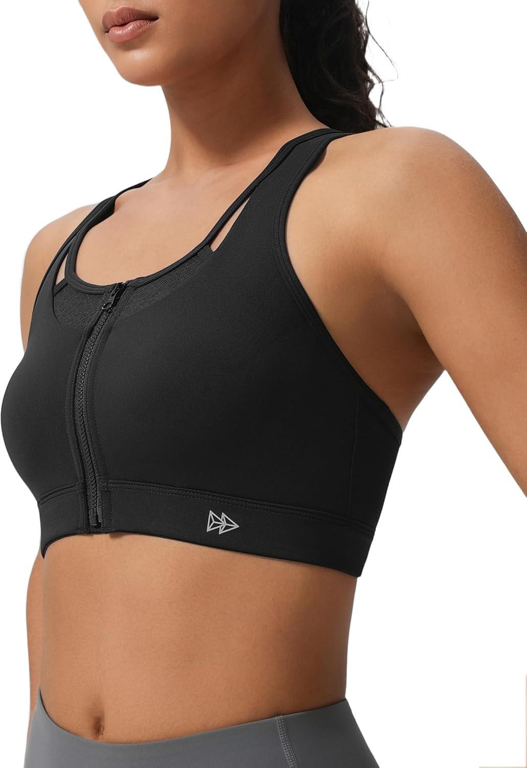 Yvette Zip Front High Impact Sports Bras for Women Lace Mesh Supportive Bras for Workout(Black)