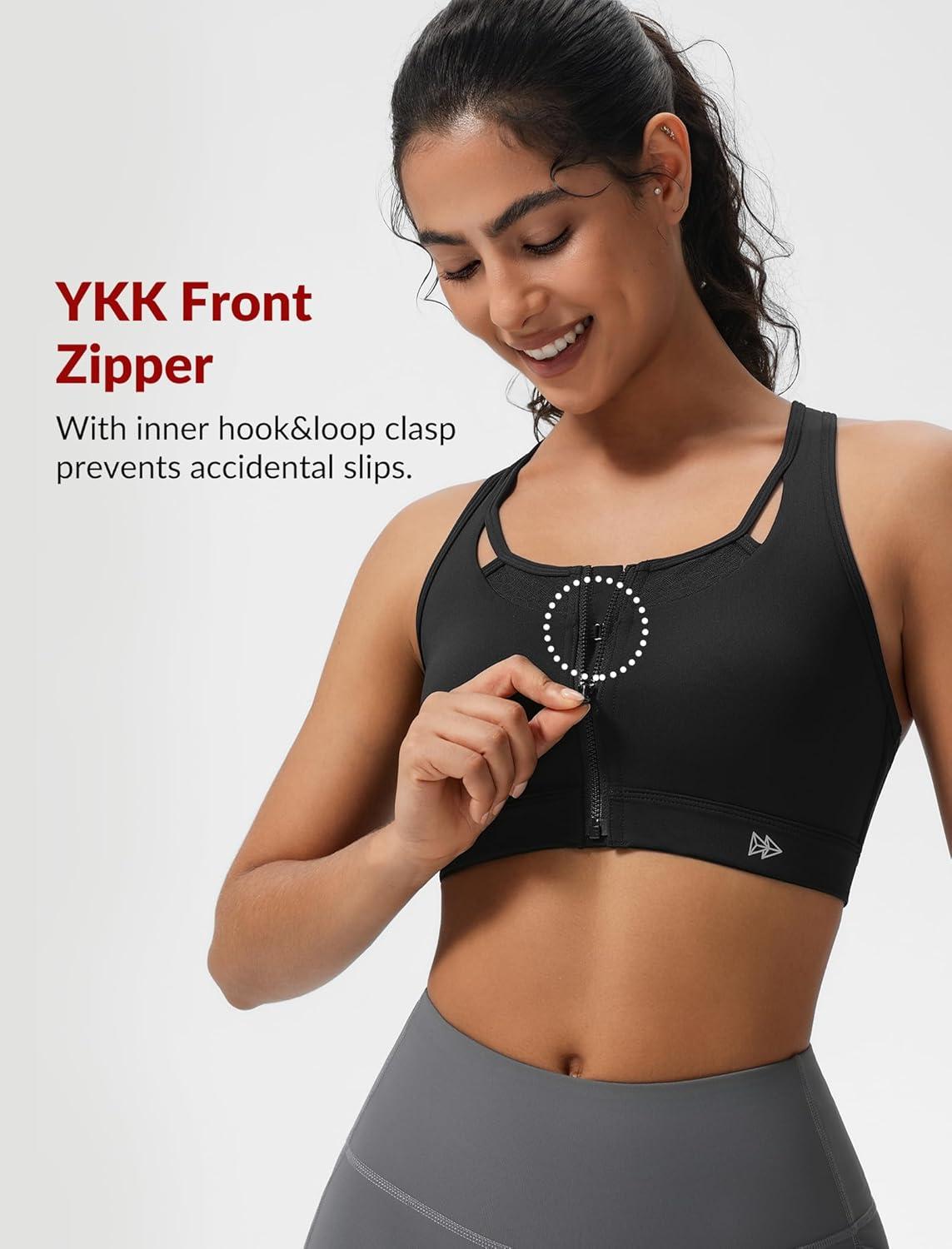 Yvette Zip Front High Impact Sports Bras for Women Lace Mesh Supportive Bras for Workout(Black)