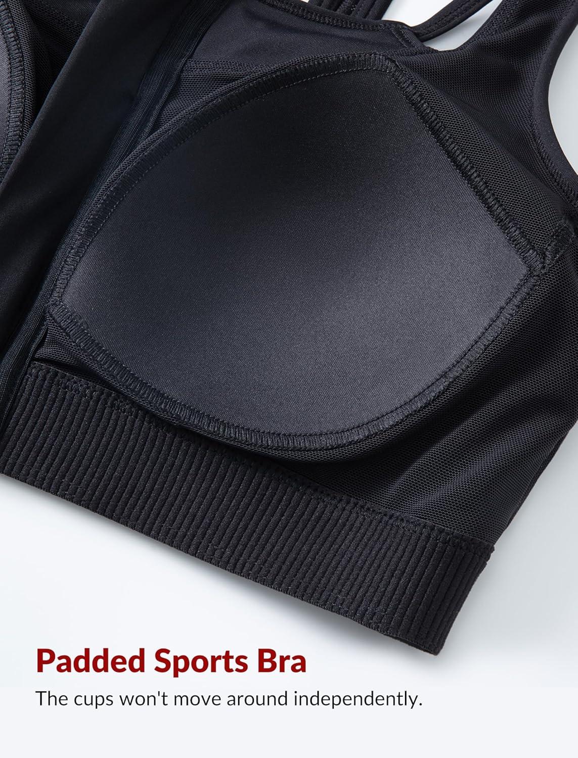 Yvette Zip Front High Impact Sports Bras for Women Lace Mesh Supportive Bras for Workout(Black)