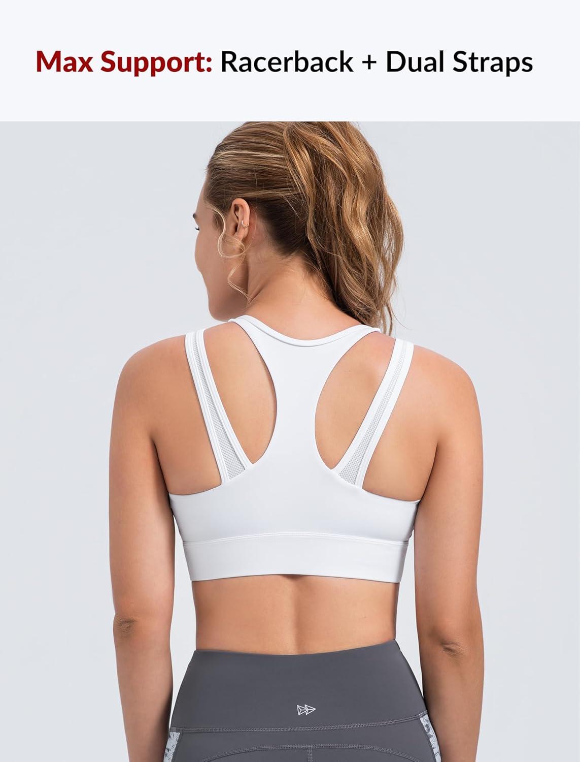 Yvette Front Closure High Support Sports Bras for Women Double Straps Plus Size Sports Bra with Sewn in Pads(White)