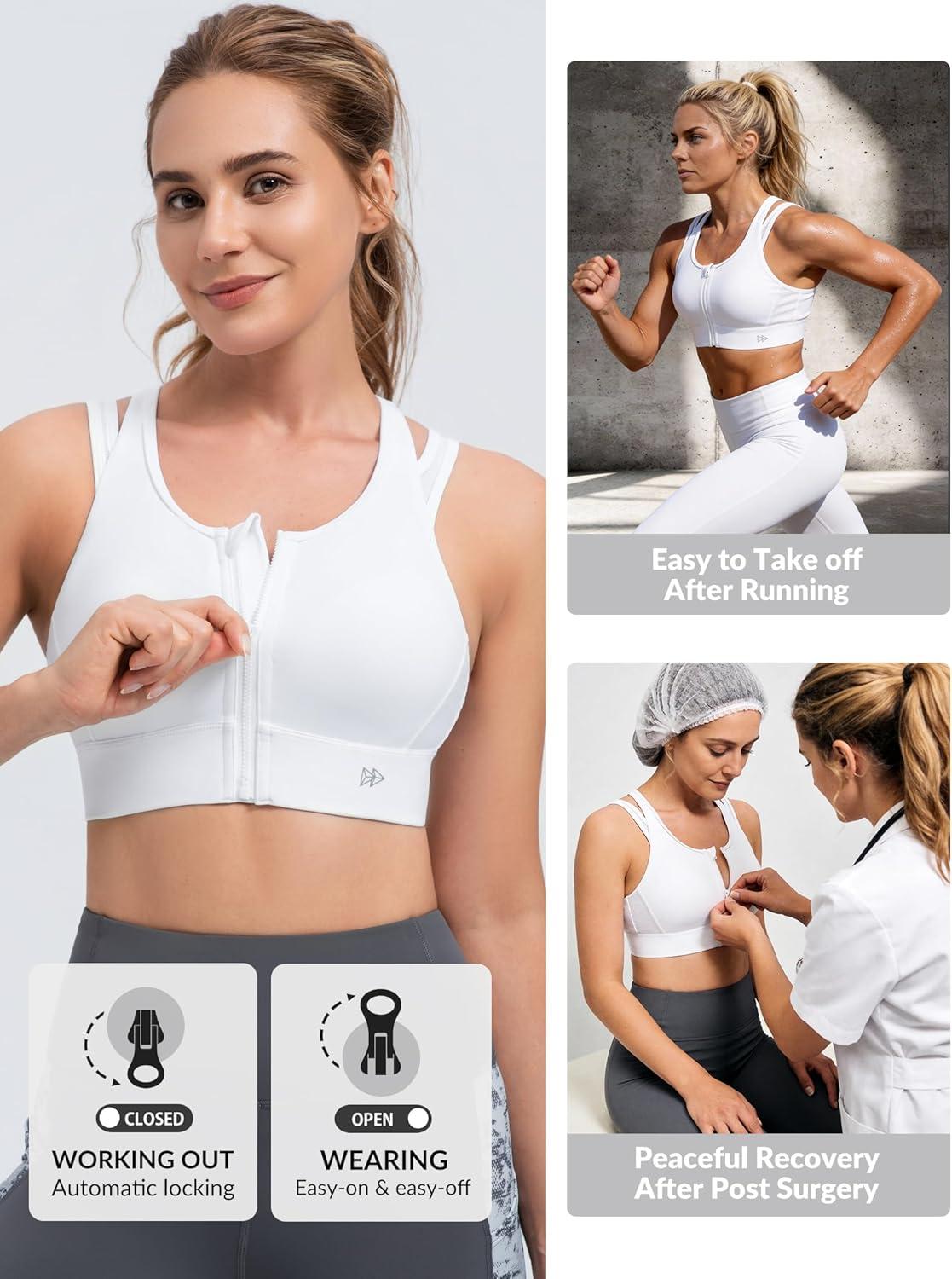 Yvette Front Closure High Support Sports Bras for Women Double Straps Plus Size Sports Bra with Sewn in Pads(White)