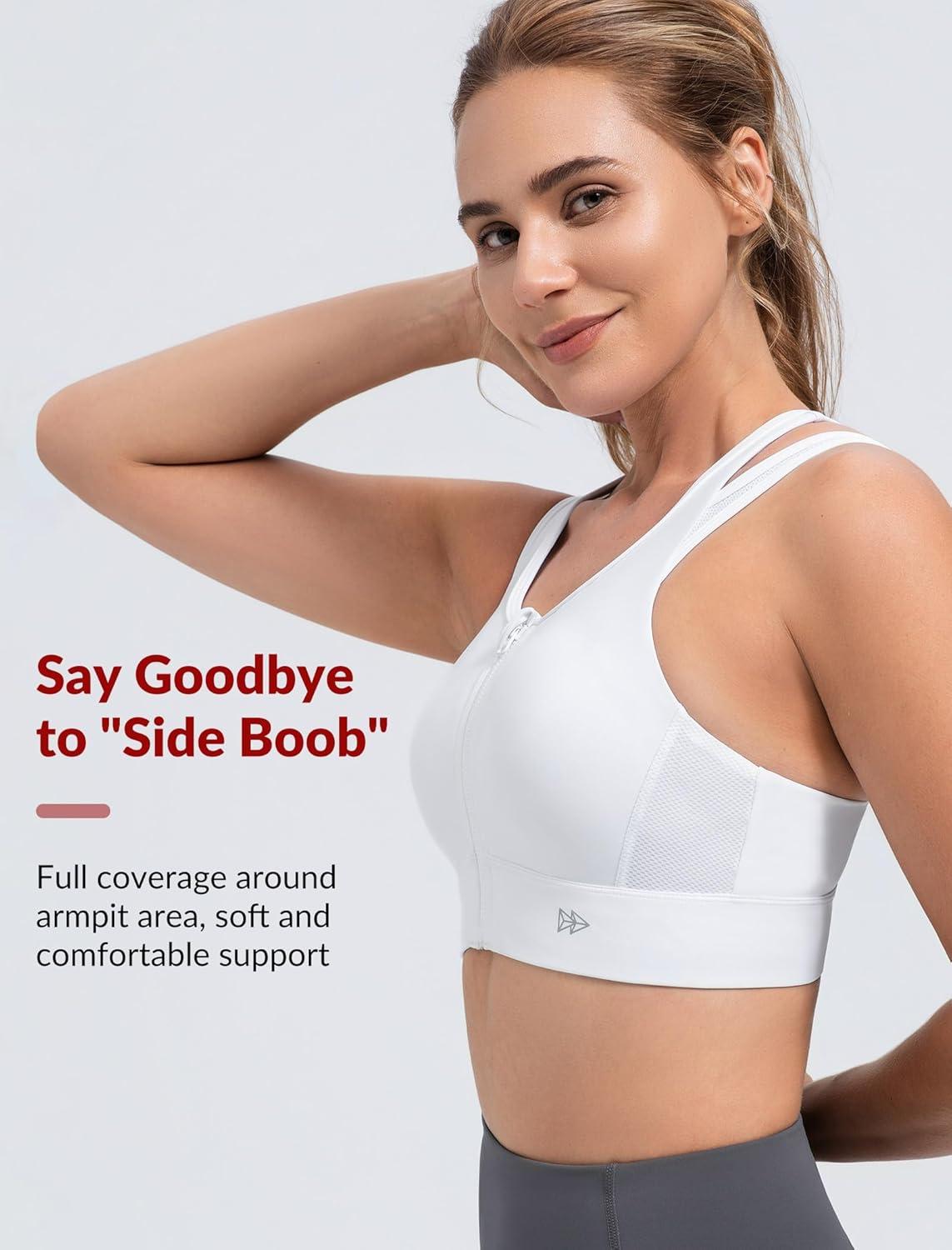 Yvette Front Closure High Support Sports Bras for Women Double Straps Plus Size Sports Bra with Sewn in Pads(White)