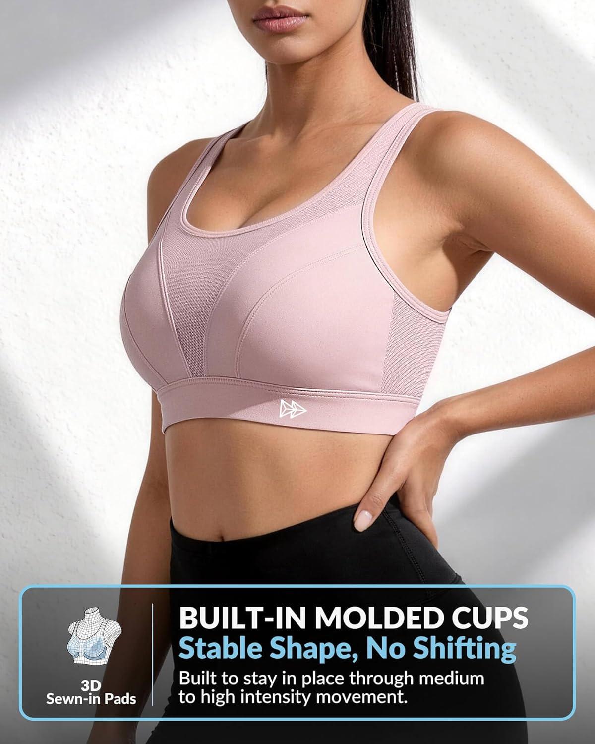 Yvette High Impact Sports Bra for Women, Adjustable Workout Soft Support Bra for Running Yoga, Pilates, Lounge & Gym(Pastel Pink)