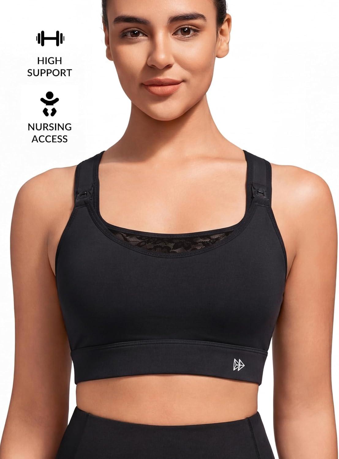 Yvette Nursing Sports Bra for Women High Support Breastfeeding Running Bra Plus Size with Adjustable Straps, Padded Plus Size(Black)