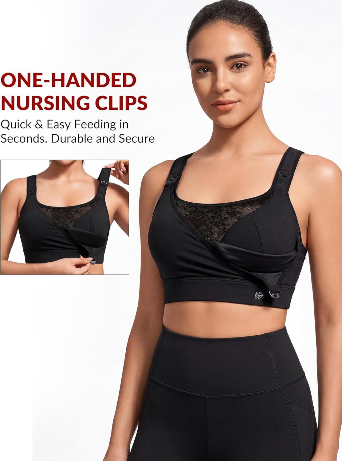 Yvette Nursing Sports Bra for Women High Support Breastfeeding Running Bra Plus Size with Adjustable Straps, Padded Plus Size(Black)
