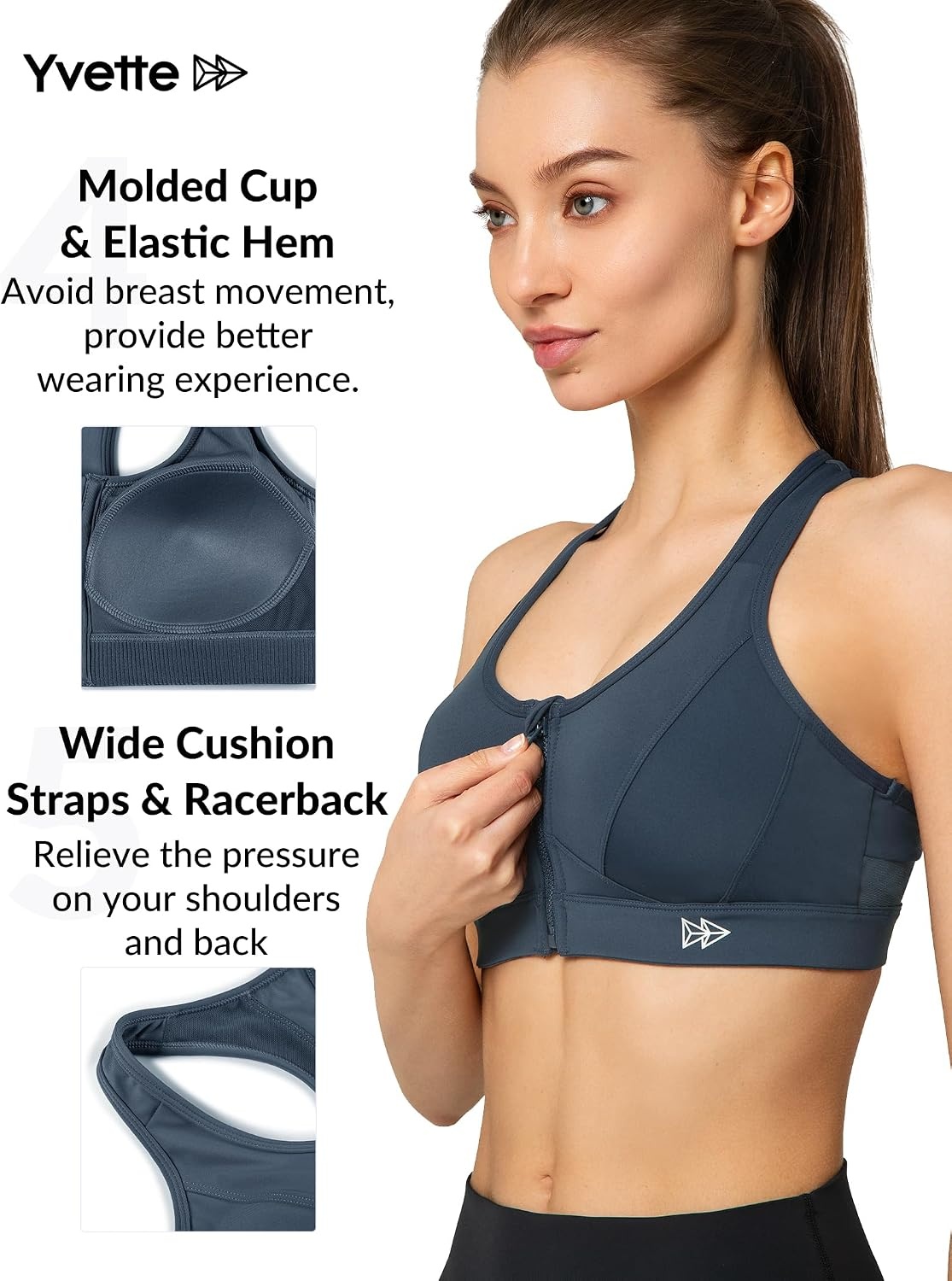 Yvette Zip Front Sports Bra High Impact Running | Secure Locking Zipper,Fixed Non-Slip Pads,Breathable,Wireless Comfort,Full Coverage,Plus Size Friendly,Gym Workout,Fitness(Navy Blue)