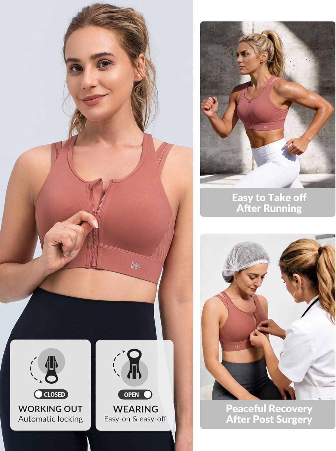 Yvette Front Closure High Support Sports Bras for Women Double Straps Plus Size Sports Bra with Sewn in Pads(Rose Red)