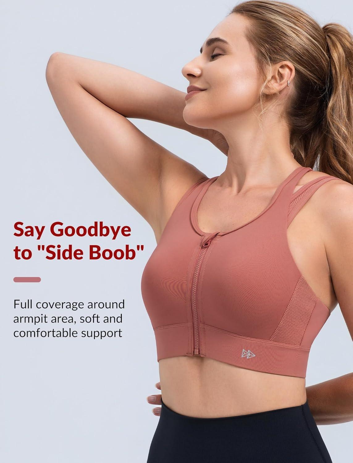 Yvette Front Closure High Support Sports Bras for Women Double Straps Plus Size Sports Bra with Sewn in Pads(Rose Red)