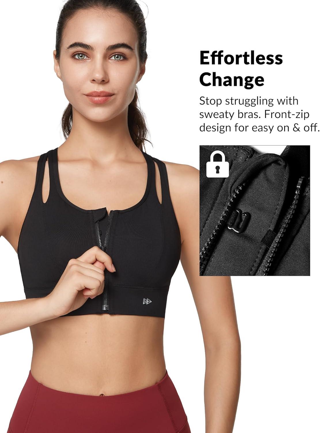 Yvette Sports Bras for Women High Impact Support, Front Zipper Running Bra Plus Size, No Bounce with Racerback & Sewn in Pads(Black)