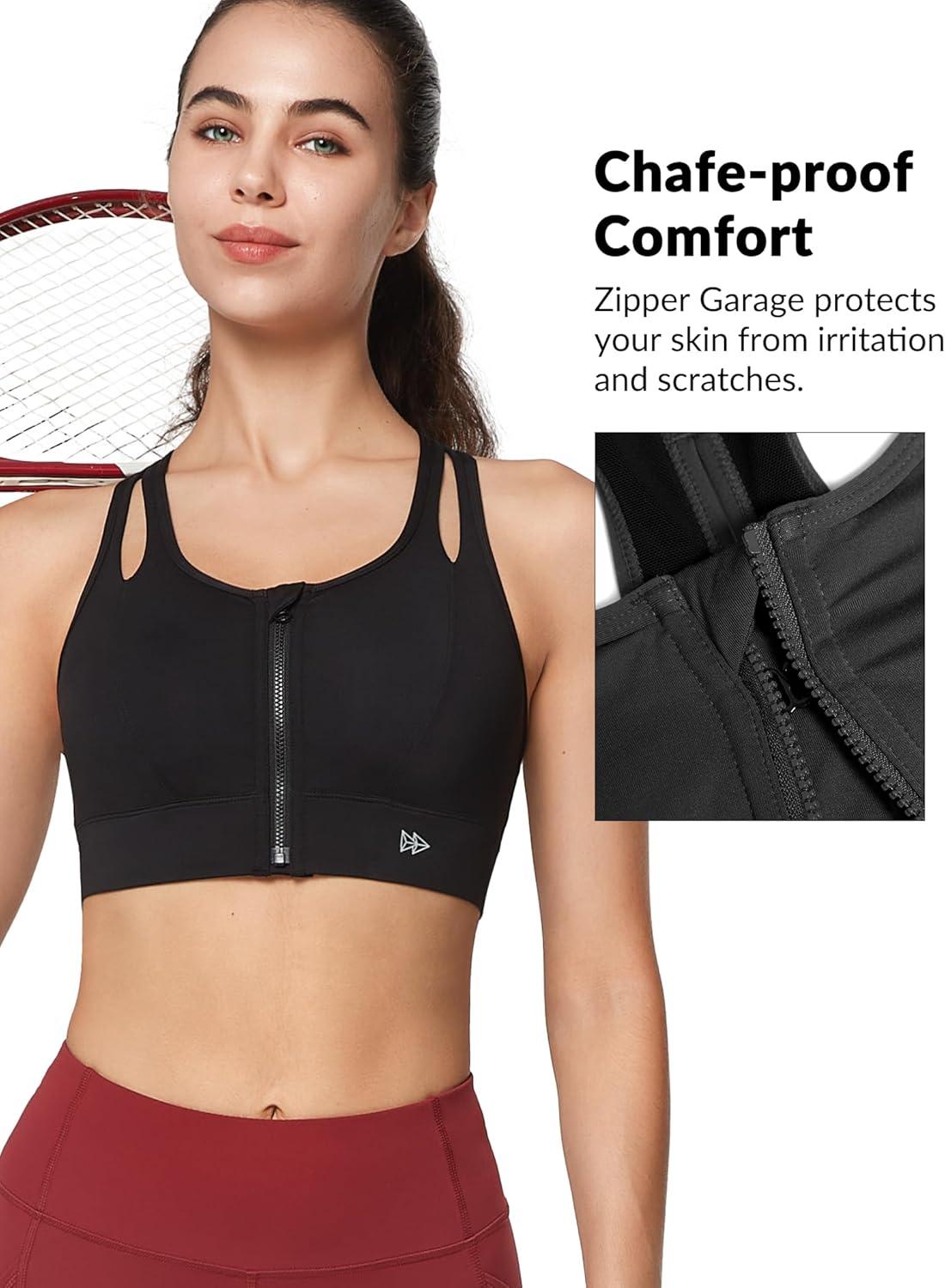 Yvette Sports Bras for Women High Impact Support, Front Zipper Running Bra Plus Size, No Bounce with Racerback & Sewn in Pads(Black)