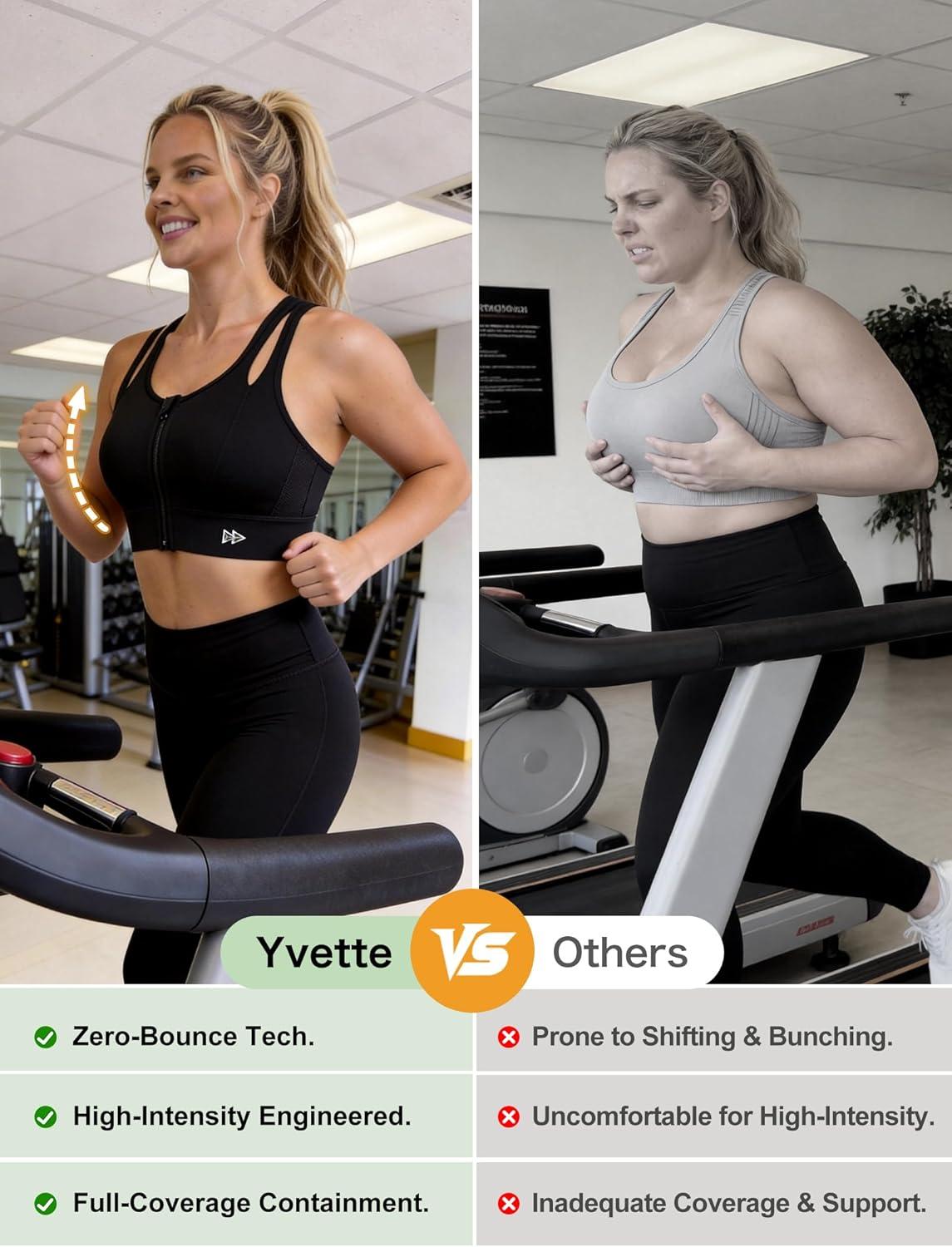 Yvette Sports Bras for Women High Impact Support, Front Zipper Running Bra Plus Size, No Bounce with Racerback & Sewn in Pads(Black)