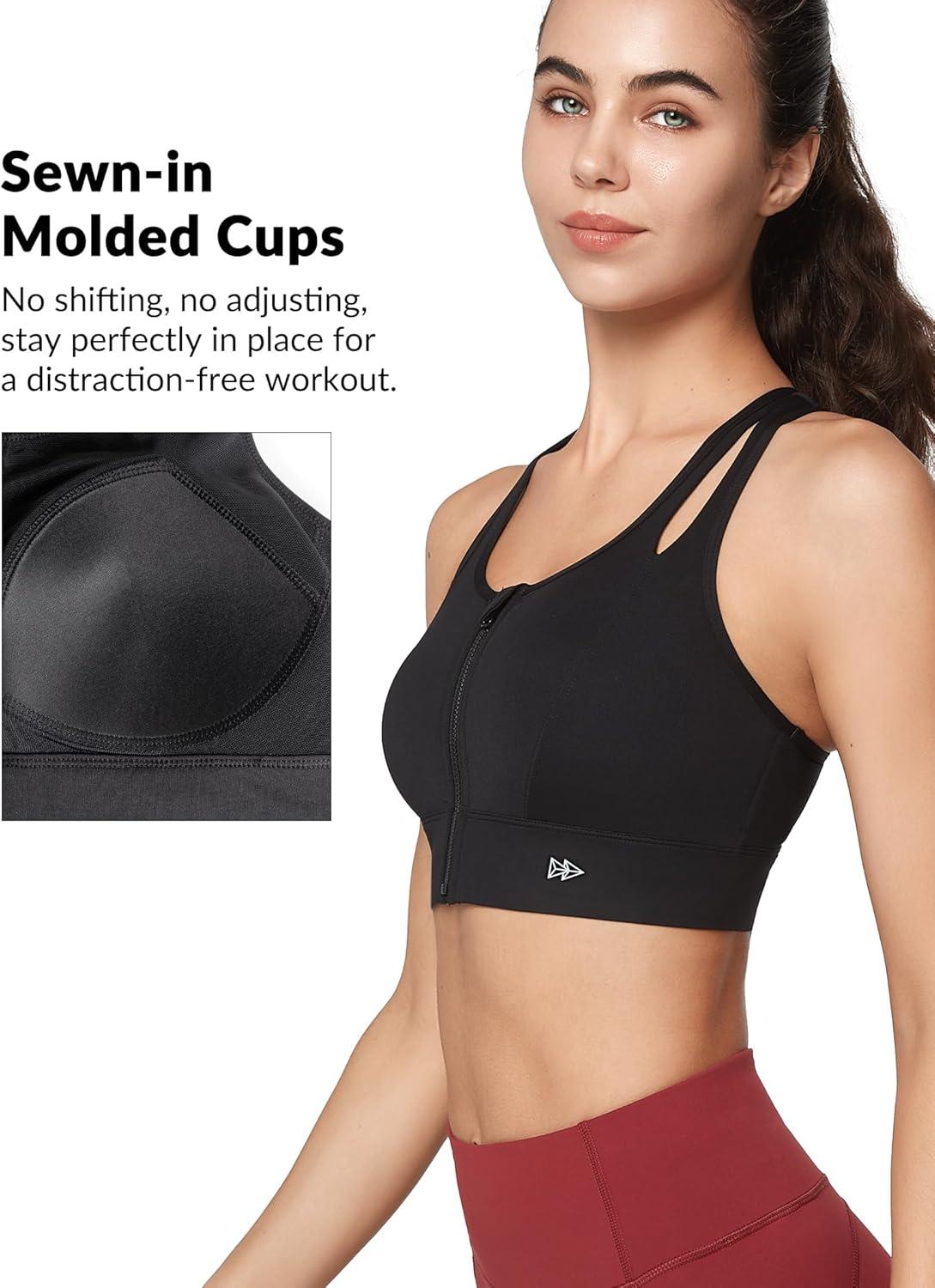 Yvette Sports Bras for Women High Impact Support, Front Zipper Running Bra Plus Size, No Bounce with Racerback & Sewn in Pads(Black)