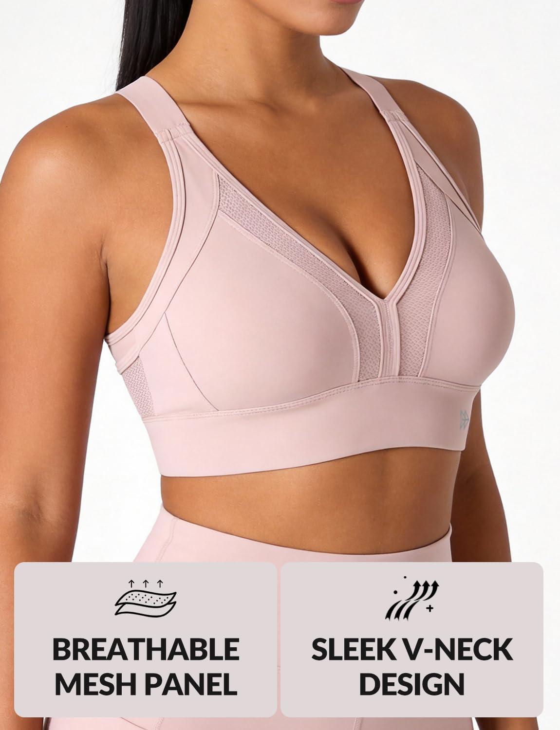 Yvette Sports Bras for Women High Impact Support, Sleek V-Neck Design with Adjustable Criss Cross Straps, Plus Size Sports Bra for Large Breasts Bust for Running & Workout,Water Pink,L