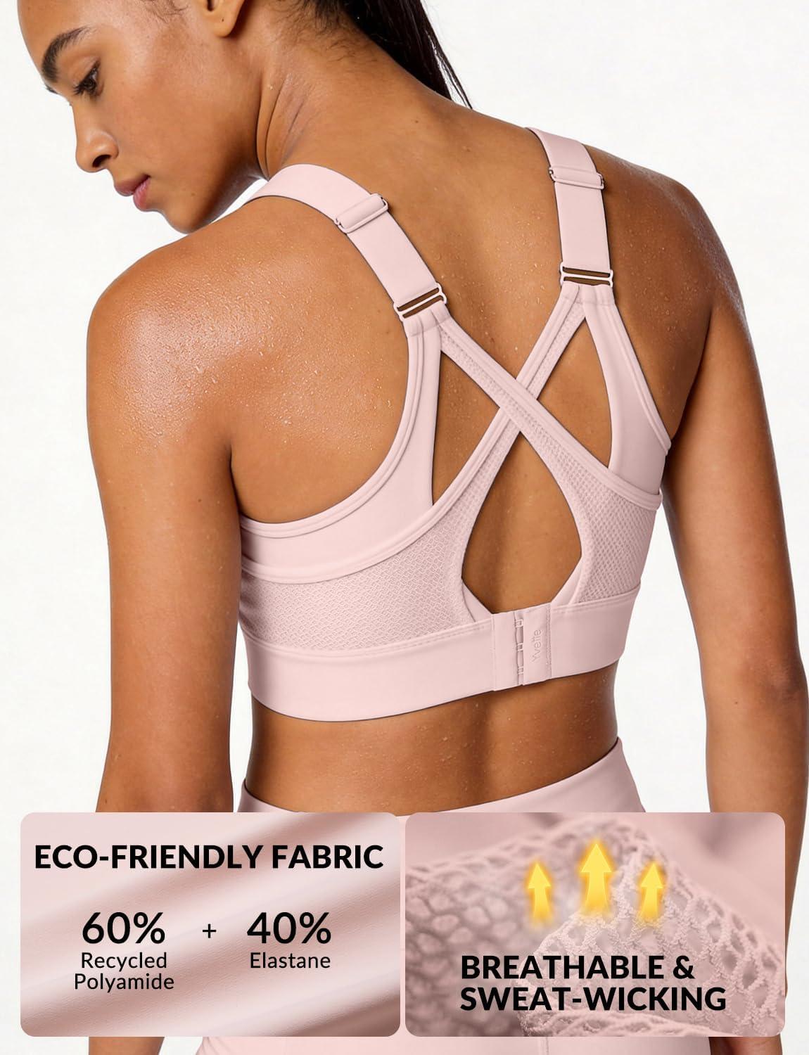 Yvette Sports Bras for Women High Impact Support, Sleek V-Neck Design with Adjustable Criss Cross Straps, Plus Size Sports Bra for Large Breasts Bust for Running & Workout,Water Pink,L