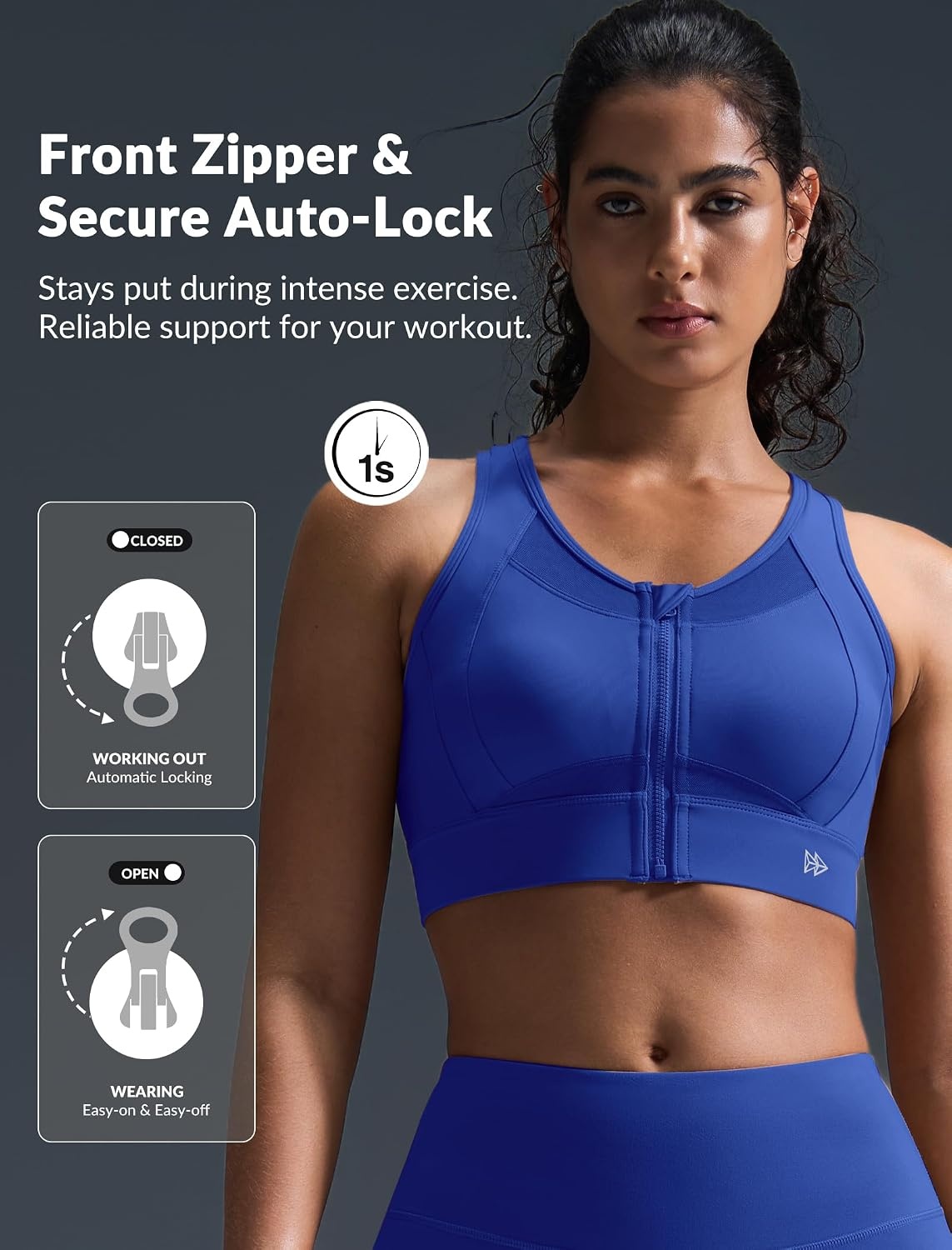 Yvette Women’s Sports Bra Front Zipper High Impact Support Mesh Racerback | Plus Size Friendly,Sewn-in Pads Stay Put,Wirefree & Supportive,Breathable,Secure Zip Closure,For Large Bust,Running,Gym,HIIT(Royal Blue)