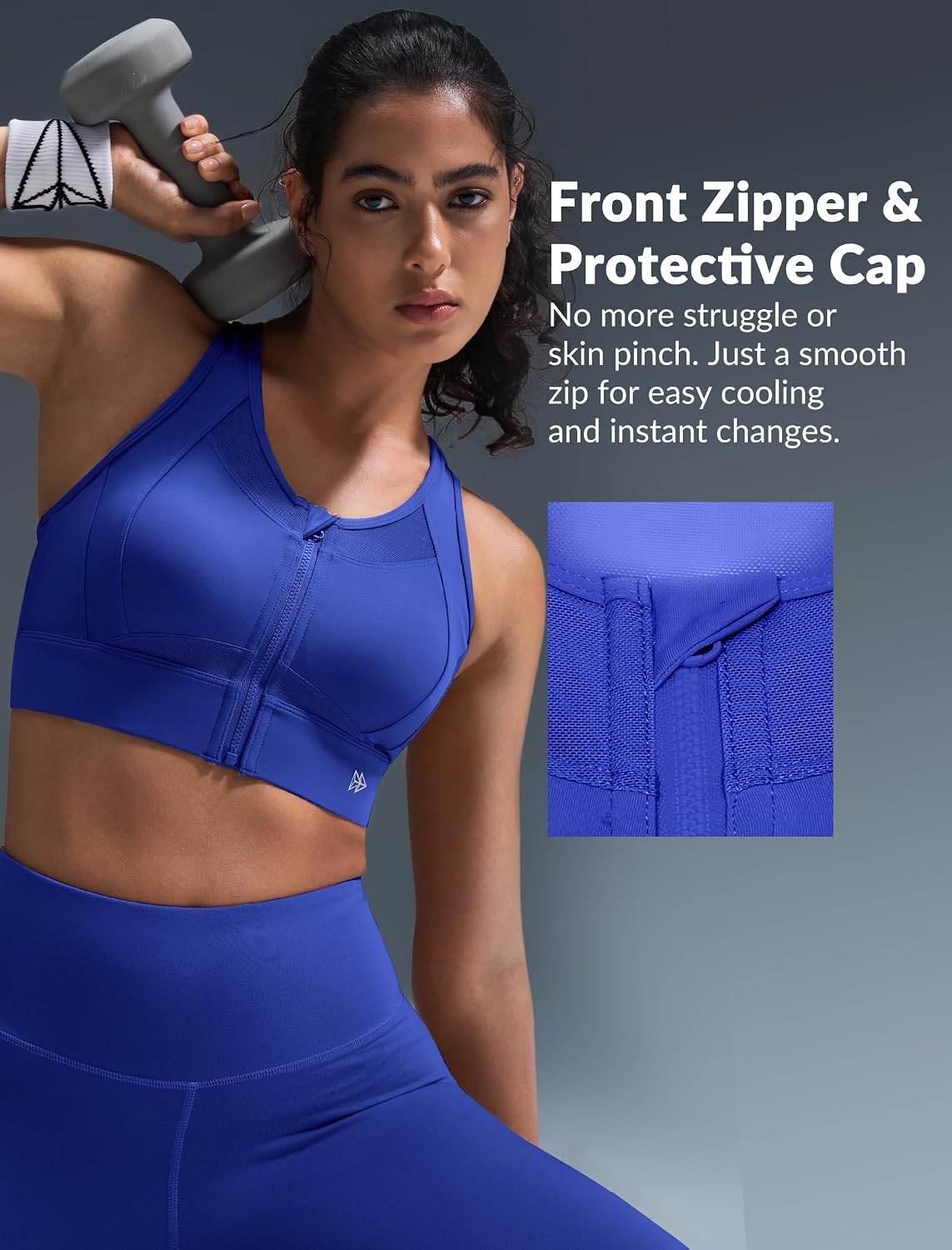 Yvette Women’s Sports Bra Front Zipper High Impact Support Mesh Racerback | Plus Size Friendly,Sewn-in Pads Stay Put,Wirefree & Supportive,Breathable,Secure Zip Closure,For Large Bust,Running,Gym,HIIT(Royal Blue)
