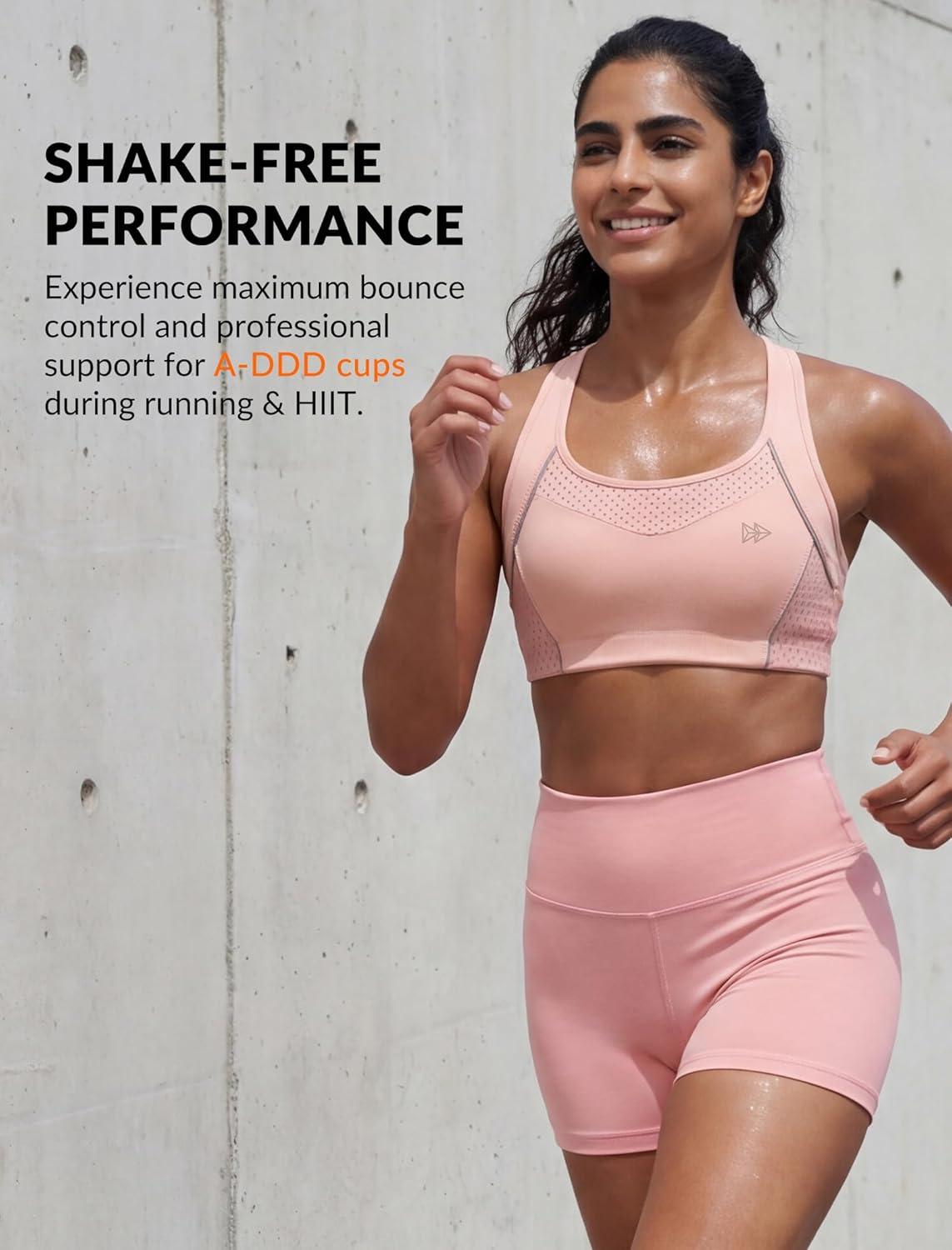 Yvette High Impact Sports Bras for Women Sewn-in Pads Racerback Workout Bra for Running HIIT Large Breast Support A-DDD Cups(Pink)