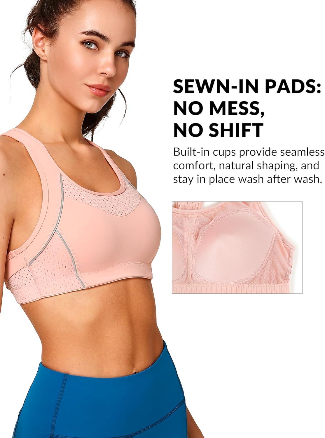 Yvette High Impact Sports Bras for Women Sewn-in Pads Racerback Workout Bra for Running HIIT Large Breast Support A-DDD Cups(Pink)
