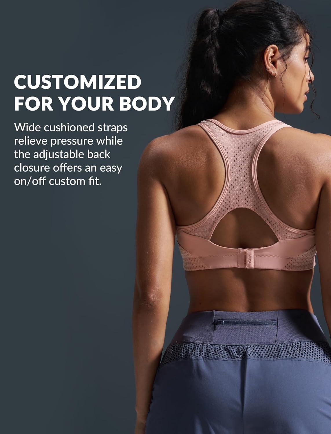 Yvette High Impact Sports Bras for Women Sewn-in Pads Racerback Workout Bra for Running HIIT Large Breast Support A-DDD Cups(Pink)