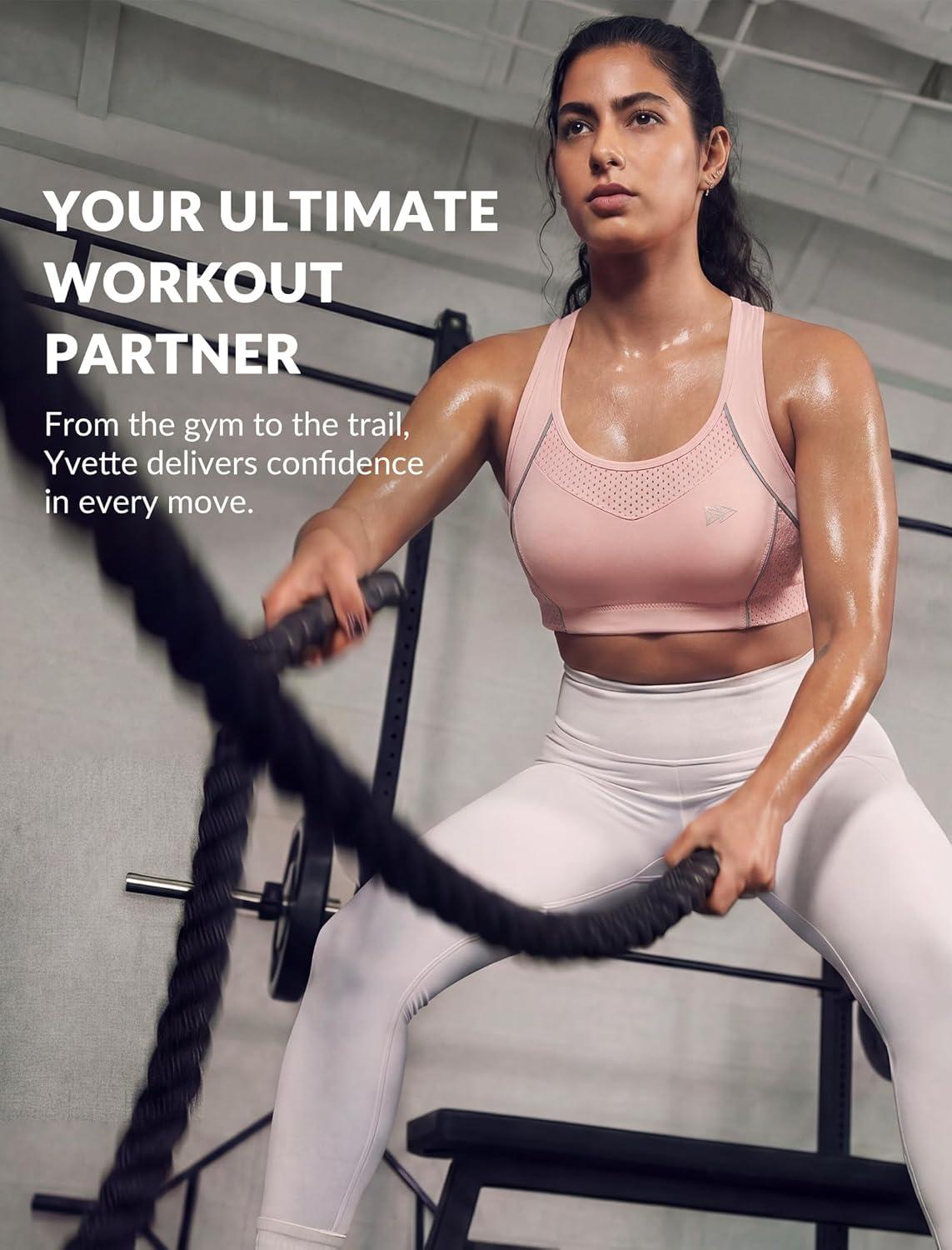 Yvette High Impact Sports Bras for Women Sewn-in Pads Racerback Workout Bra for Running HIIT Large Breast Support A-DDD Cups(Pink)