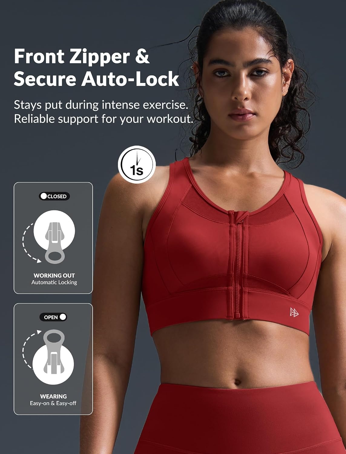 Yvette Women’s Sports Bra Front Zipper High Impact Support Mesh Racerback | Plus Size Friendly,Sewn-in Pads Stay Put,Wirefree & Supportive,Breathable,Secure Zip Closure,For Large Bust,Running,Gym,HIIT(Burgundy)