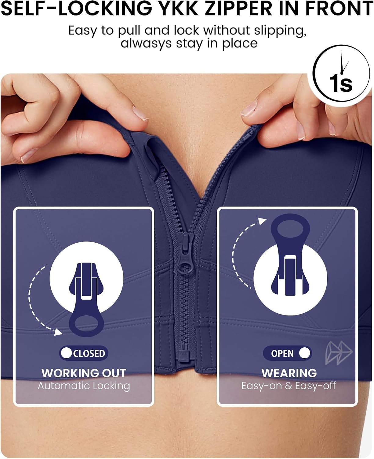 Yvette Zip Front High Impact Sports Bra for Large Bust | Secure Locking Zipper,Fixed Non-Slip Pads,Breathable,Wireless Comfort,Running Bra Plus Size Friendly,Gym Workout,Fitness(Light Navy Blue)