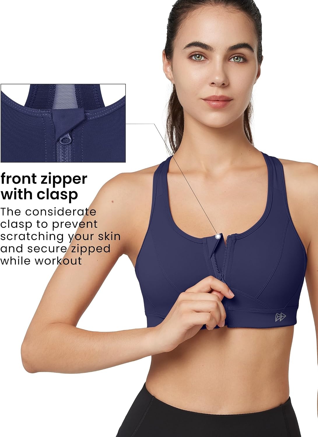 Yvette Zip Front High Impact Sports Bra for Large Bust | Secure Locking Zipper,Fixed Non-Slip Pads,Breathable,Wireless Comfort,Running Bra Plus Size Friendly,Gym Workout,Fitness(Light Navy Blue)