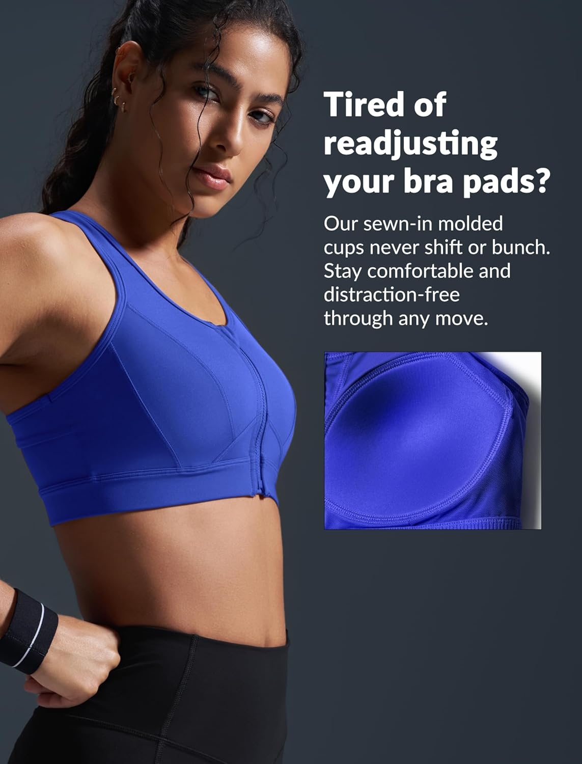 Yvette Zip Front Sports Bra – High Impact Sports Bras for Women Plus Size Workout Fitness Running(Royal Blue)
