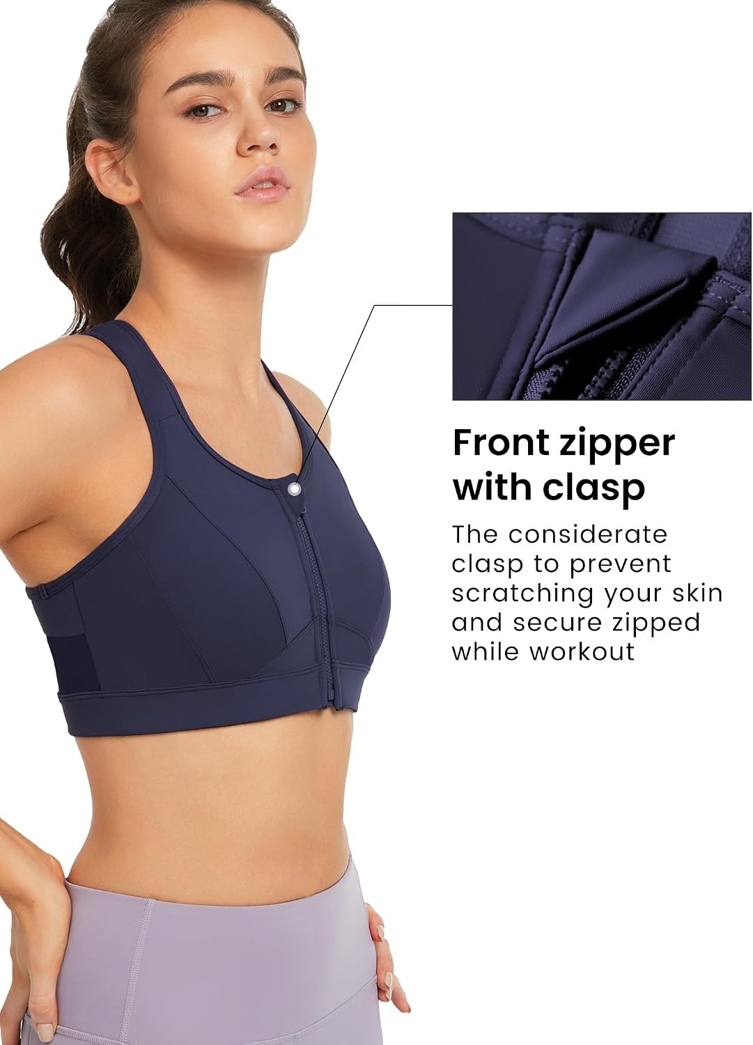 Yvette Zip Front High Impact Sports Bra for Large Bust | Secure Locking Zipper,Fixed Non-Slip Pads,Breathable,Wireless Comfort,Running Bra Plus Size Friendly,Gym Workout,Fitness(Sea Blue)