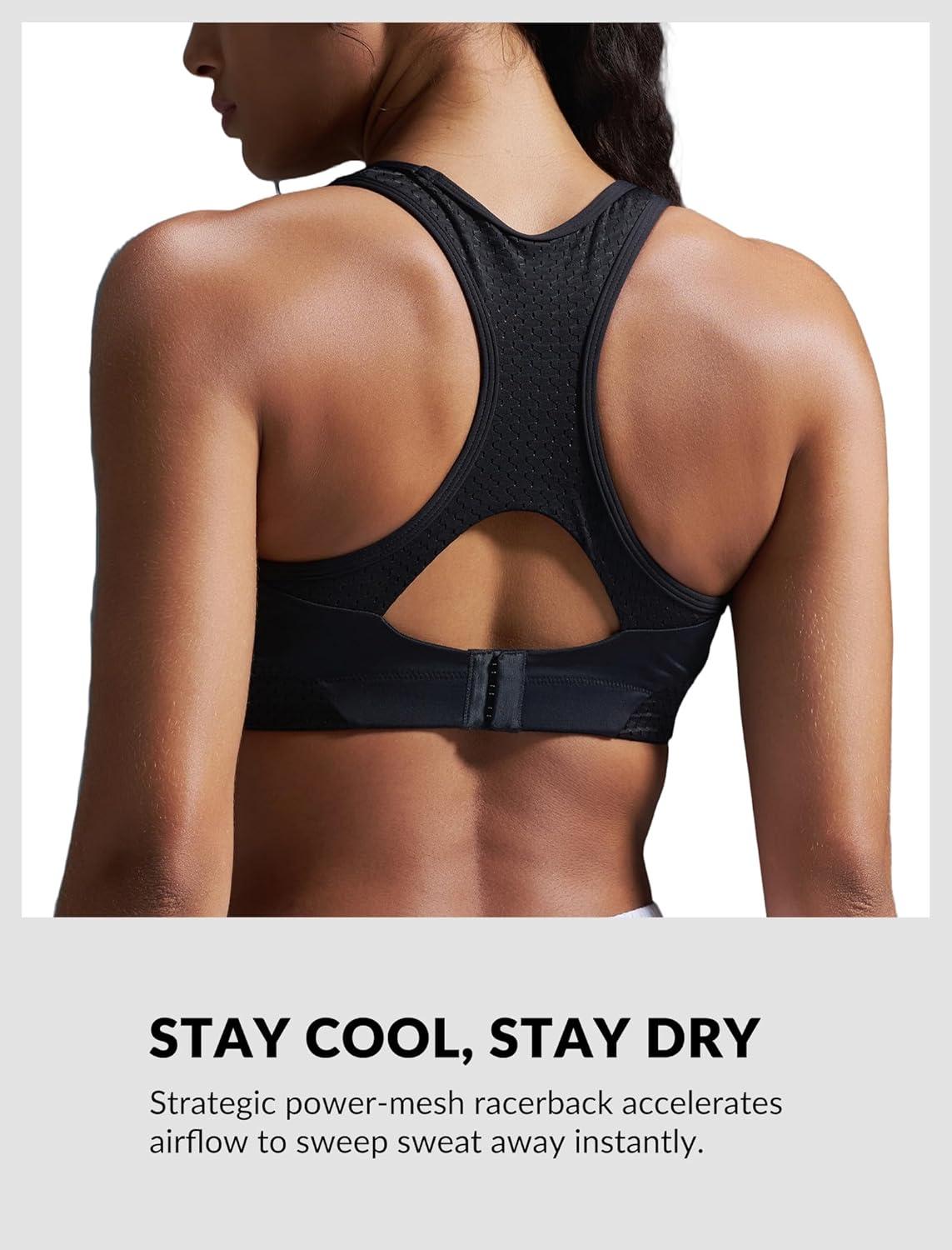 Yvette High Impact Sports Bras for Women Sewn-in Pads Racerback Workout Bra for Running HIIT Large Breast Support A-DDD Cups(Black)