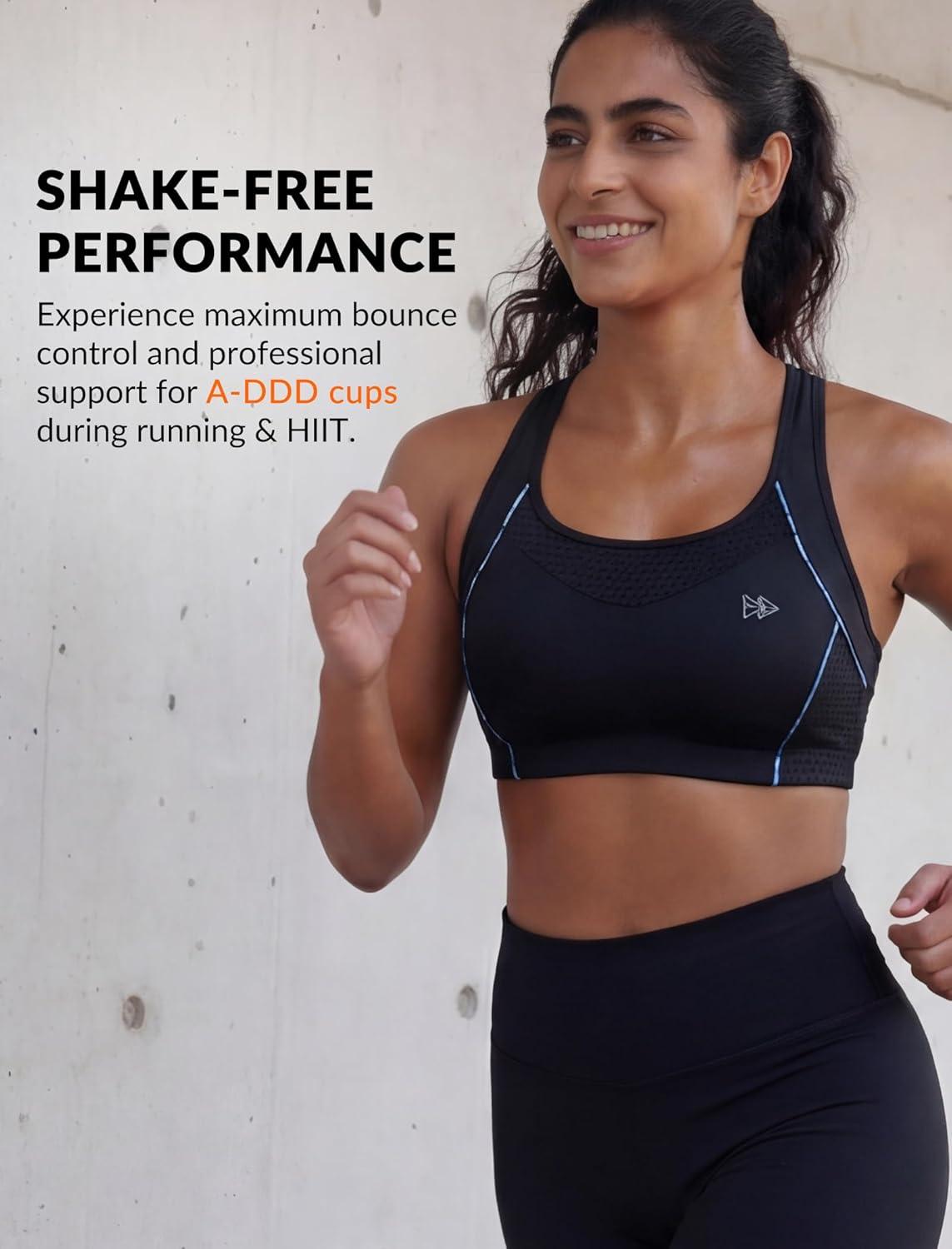 Yvette High Impact Sports Bras for Women Sewn-in Pads Racerback Workout Bra for Running HIIT Large Breast Support A-DDD Cups(Black)