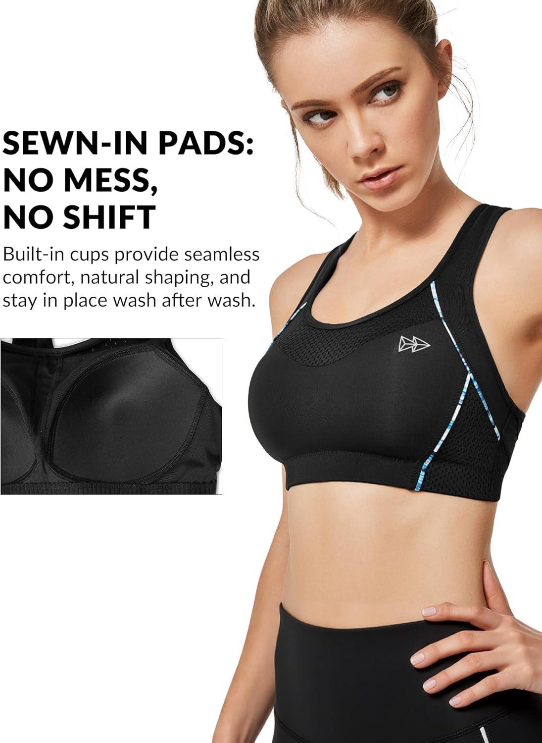 Yvette High Impact Sports Bras for Women Sewn-in Pads Racerback Workout Bra for Running HIIT Large Breast Support A-DDD Cups(Black)