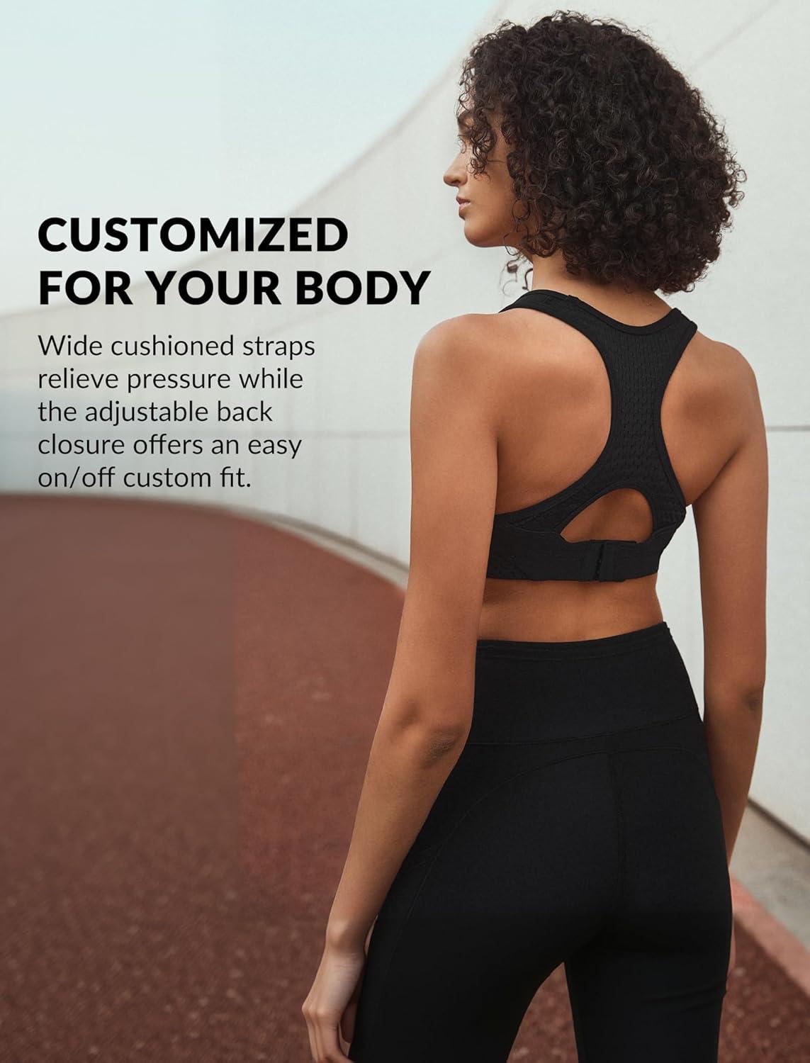 Yvette High Impact Sports Bras for Women Sewn-in Pads Racerback Workout Bra for Running HIIT Large Breast Support A-DDD Cups(Black)