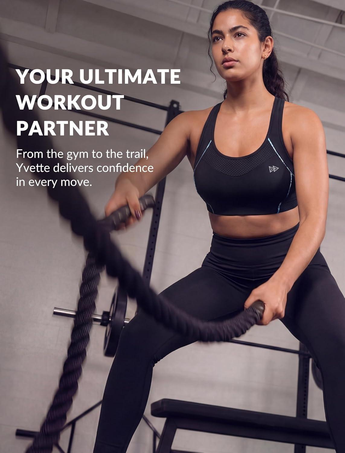 Yvette High Impact Sports Bras for Women Sewn-in Pads Racerback Workout Bra for Running HIIT Large Breast Support A-DDD Cups(Black)