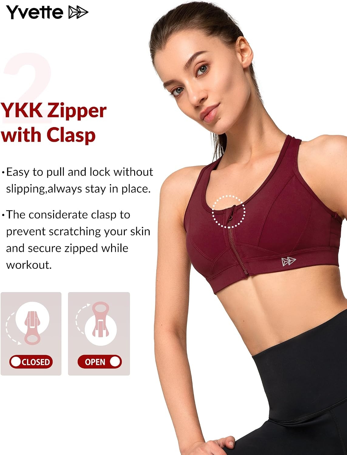 Yvette Zip Front High Impact Sports Bra for Large Bust | Secure Locking Zipper,Fixed Non-Slip Pads,Breathable,Wireless Comfort,Running Bra Plus Size Friendly,Gym Workout,Fitness(Burgundy)