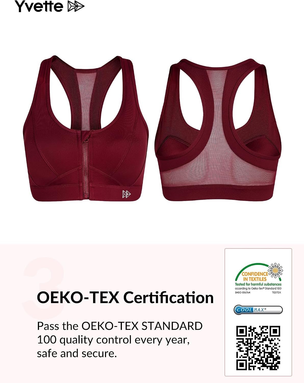 Yvette Zip Front High Impact Sports Bra for Large Bust | Secure Locking Zipper,Fixed Non-Slip Pads,Breathable,Wireless Comfort,Running Bra Plus Size Friendly,Gym Workout,Fitness(Burgundy)