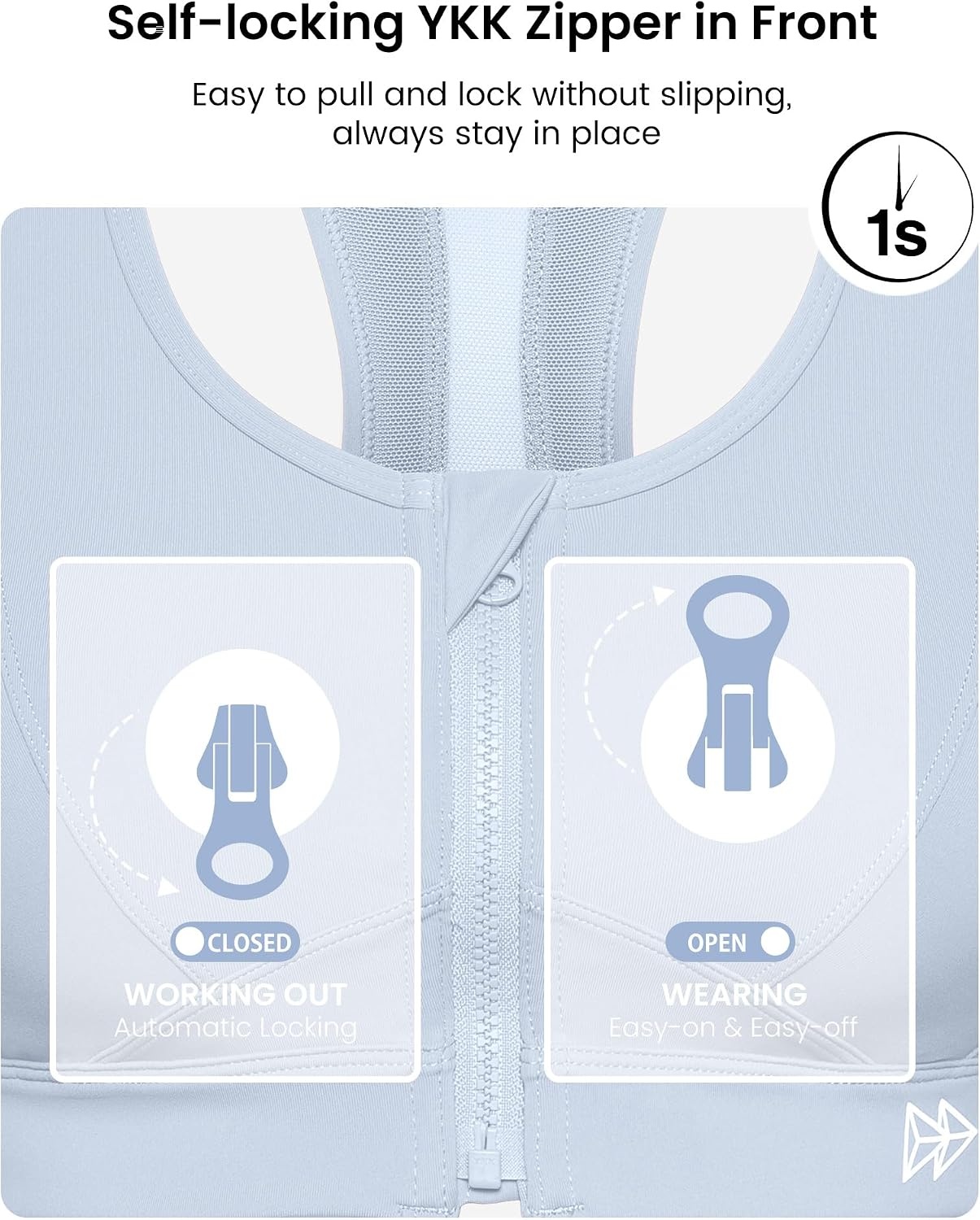 Yvette Zip Front High Impact Sports Bra for Large Bust | Secure Locking Zipper,Fixed Non-Slip Pads,Breathable,Wireless Comfort,Running Bra Plus Size Friendly,Gym Workout,Fitness(Light Blue)
