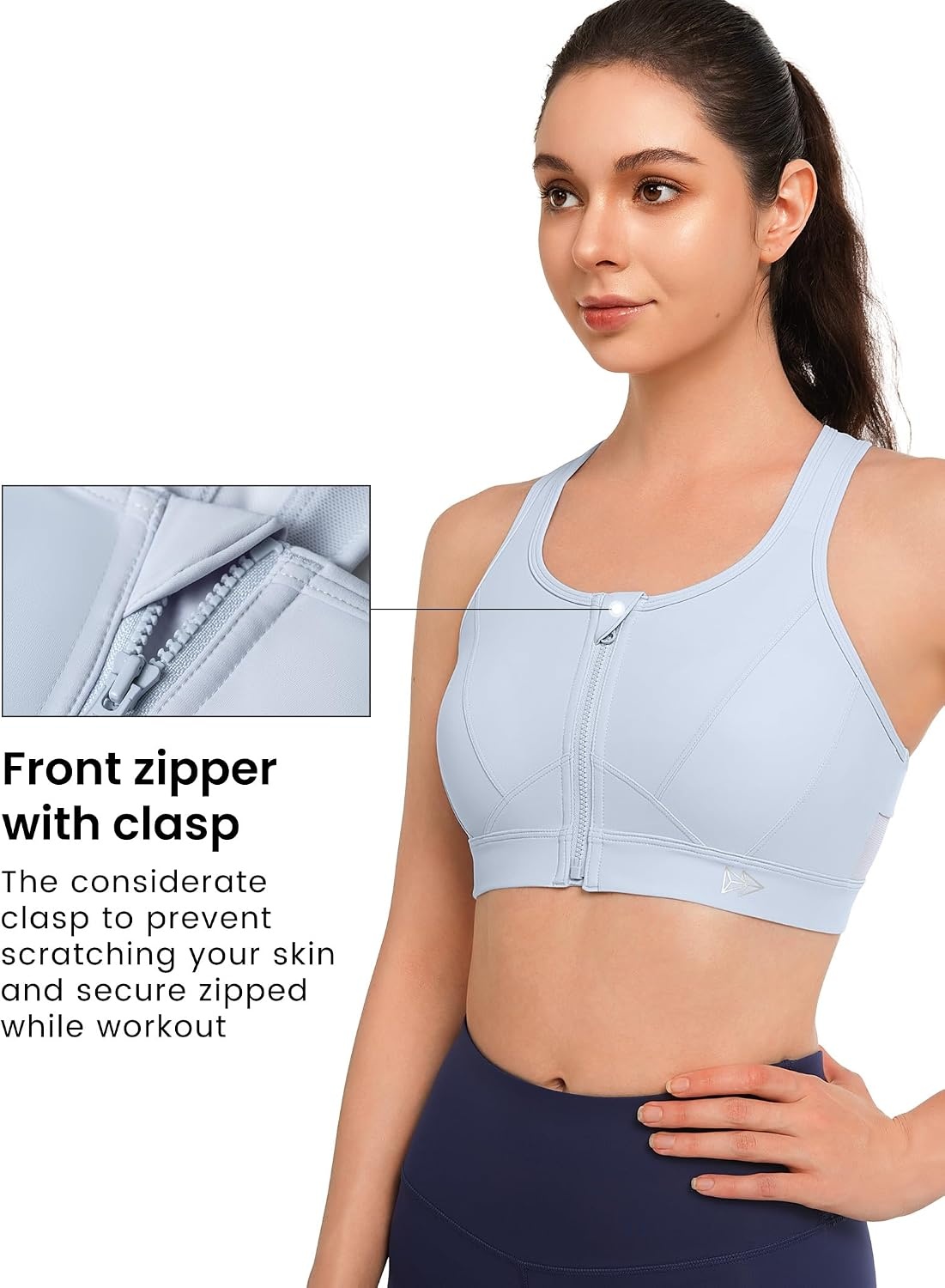 Yvette Zip Front High Impact Sports Bra for Large Bust | Secure Locking Zipper,Fixed Non-Slip Pads,Breathable,Wireless Comfort,Running Bra Plus Size Friendly,Gym Workout,Fitness(Light Blue)