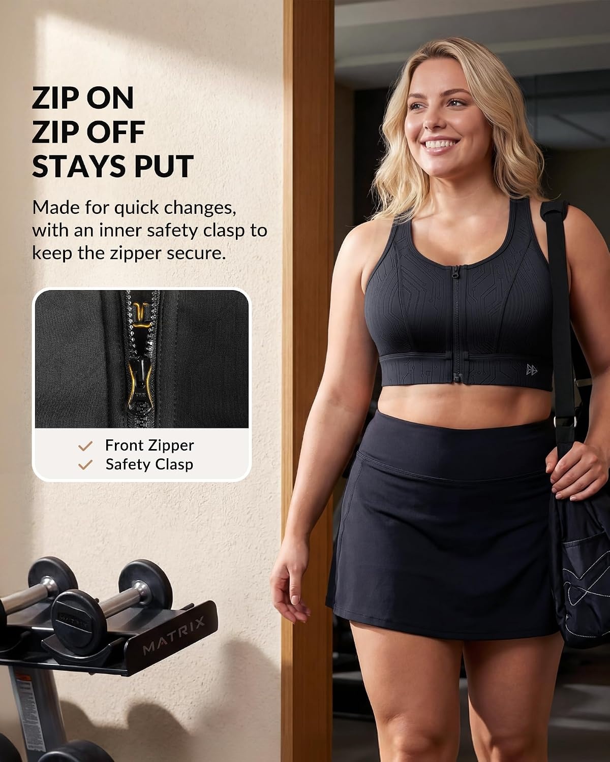 Yvette Front Zip Sports Bra for Women,High Support Full Coverage | Sewn-in Molded Cups, No Side Spillage, Wide Underband for Large Busts, Easy On and Off for Running and Workouts(Black)