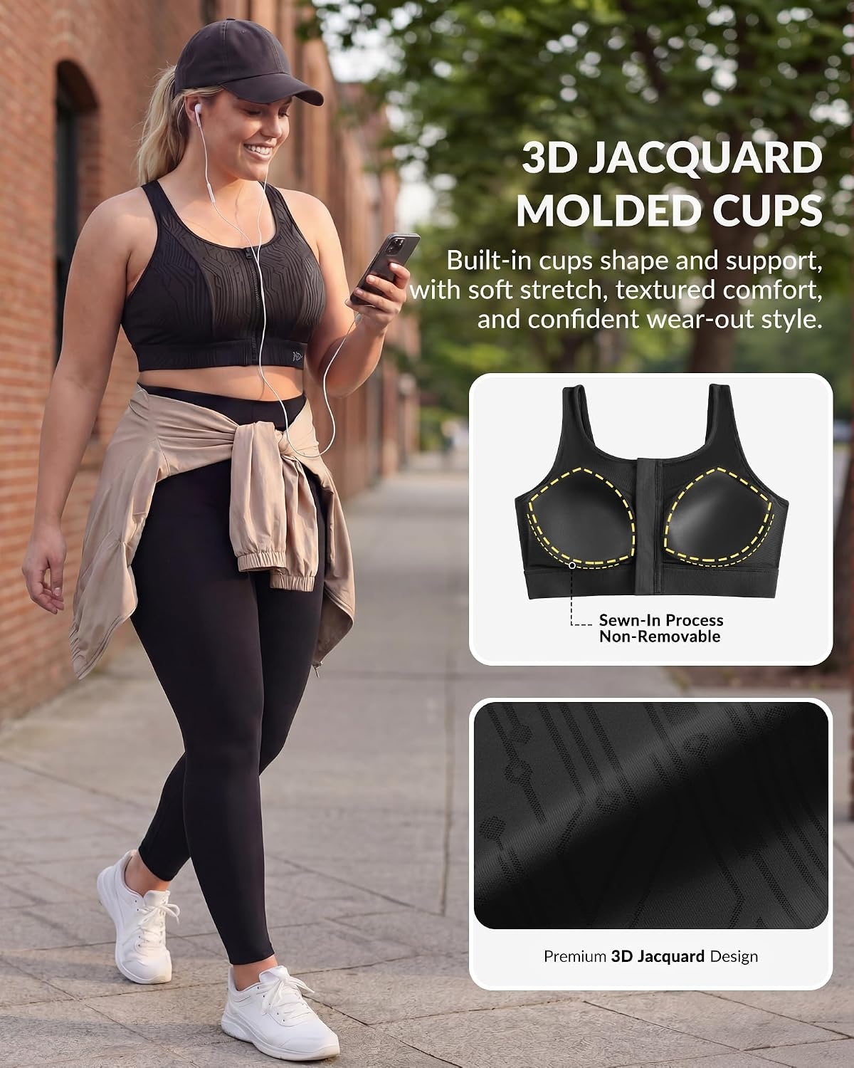 Yvette Front Zip Sports Bra for Women,High Support Full Coverage | Sewn-in Molded Cups, No Side Spillage, Wide Underband for Large Busts, Easy On and Off for Running and Workouts(Black)
