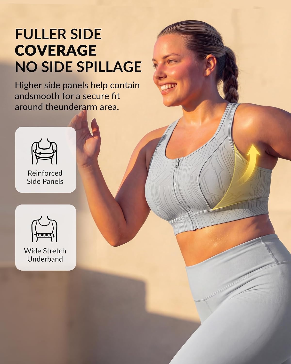 Yvette Front Zip Sports Bra for Women,High Support Full Coverage | Sewn-in Molded Cups, No Side Spillage, Wide Underband for Large Busts, Easy On and Off for Running and Workouts(Grey)