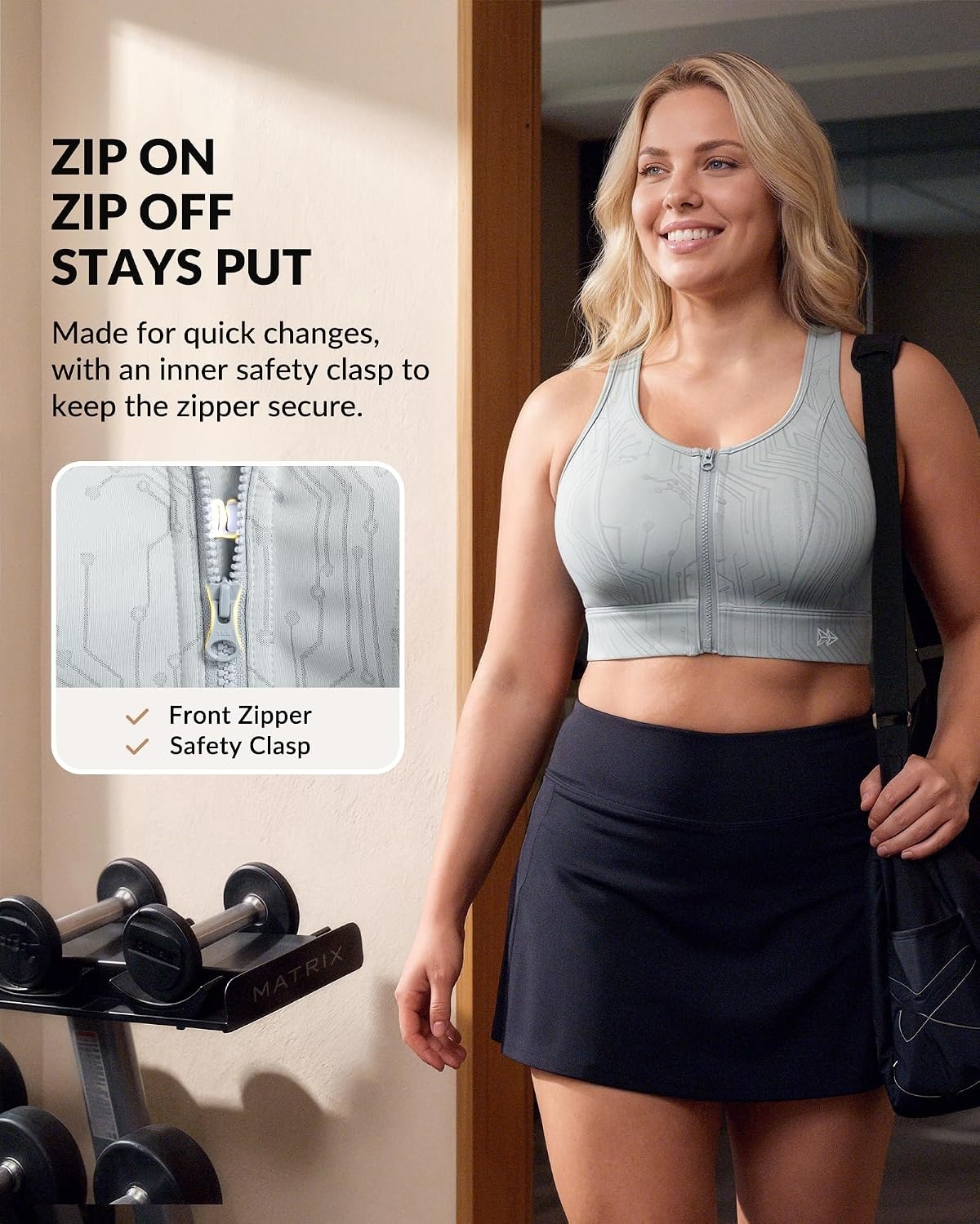 Yvette Front Zip Sports Bra for Women,High Support Full Coverage | Sewn-in Molded Cups, No Side Spillage, Wide Underband for Large Busts, Easy On and Off for Running and Workouts(Grey)