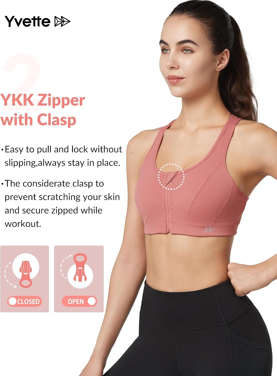 Yvette Zip Front High Impact Sports Bra for Large Bust | Secure Locking Zipper,Fixed Non-Slip Pads,Breathable,Wireless Comfort,Running Bra Plus Size Friendly,Gym Workout,Fitness(Rose Red)