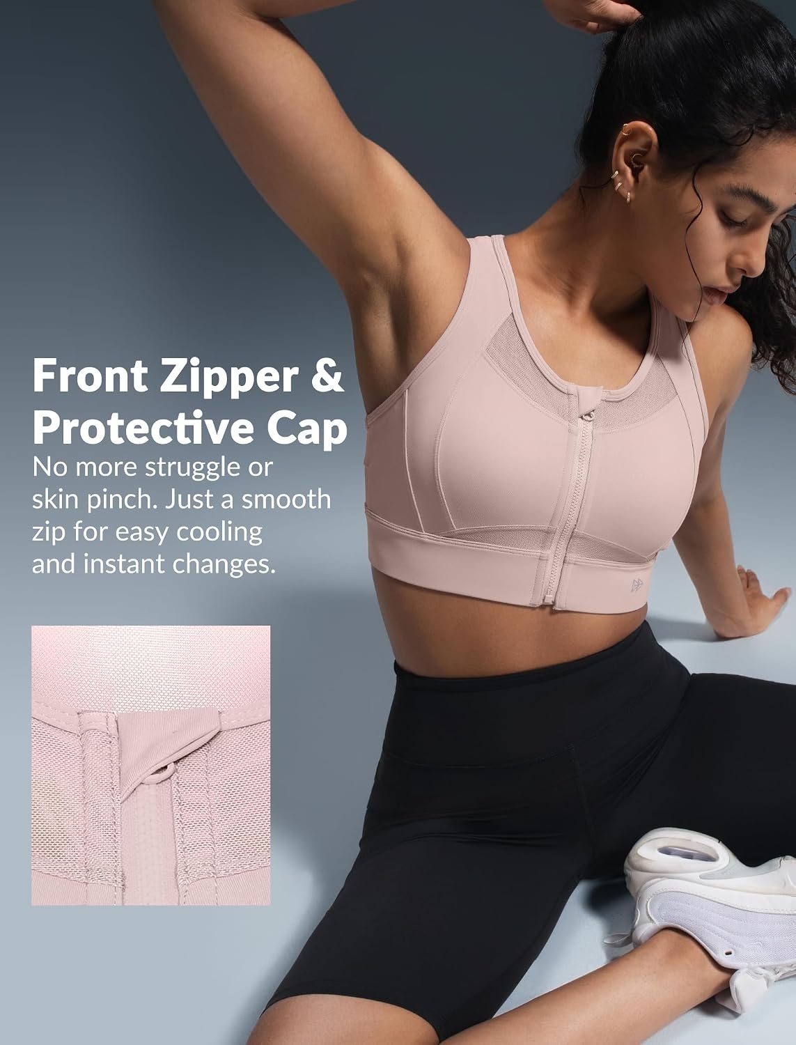 Yvette Women’s Sports Bra Front Zipper High Impact Support Mesh Racerback | Plus Size Friendly,Sewn-in Pads Stay Put,Wirefree & Supportive,Breathable,Secure Zip Closure,For Large Bust,Running,Gym,HIIT(Water Pink)
