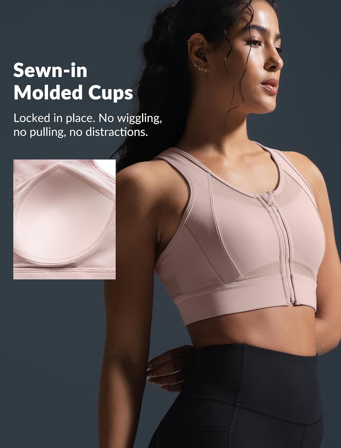 Yvette Women’s Sports Bra Front Zipper High Impact Support Mesh Racerback | Plus Size Friendly,Sewn-in Pads Stay Put,Wirefree & Supportive,Breathable,Secure Zip Closure,For Large Bust,Running,Gym,HIIT(Water Pink)