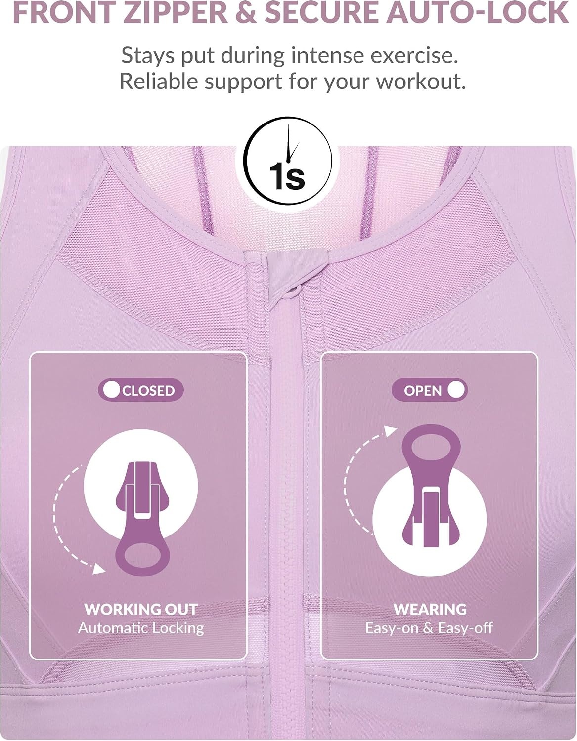 Yvette Women’s Sports Bra Front Zipper High Impact Support Mesh Racerback | Plus Size Friendly,Sewn-in Pads Stay Put,Wirefree & Supportive,Breathable,Secure Zip Closure,For Large Bust,Running,Gym,HIIT(Purple)
